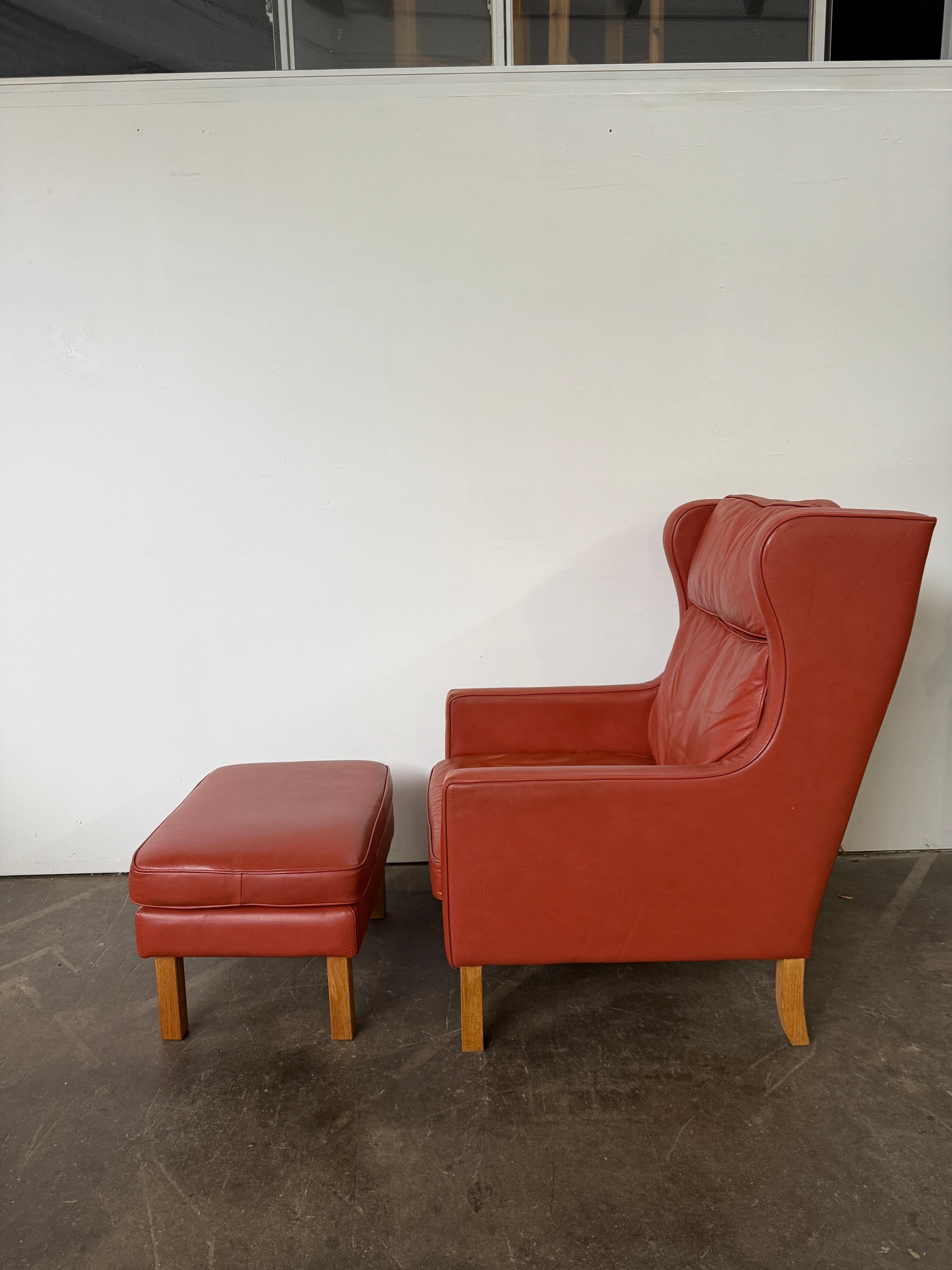 Woodwork Beautiful Mid Century Scandinavian modern Red Leather Wingback Chair Ottoman For Sale