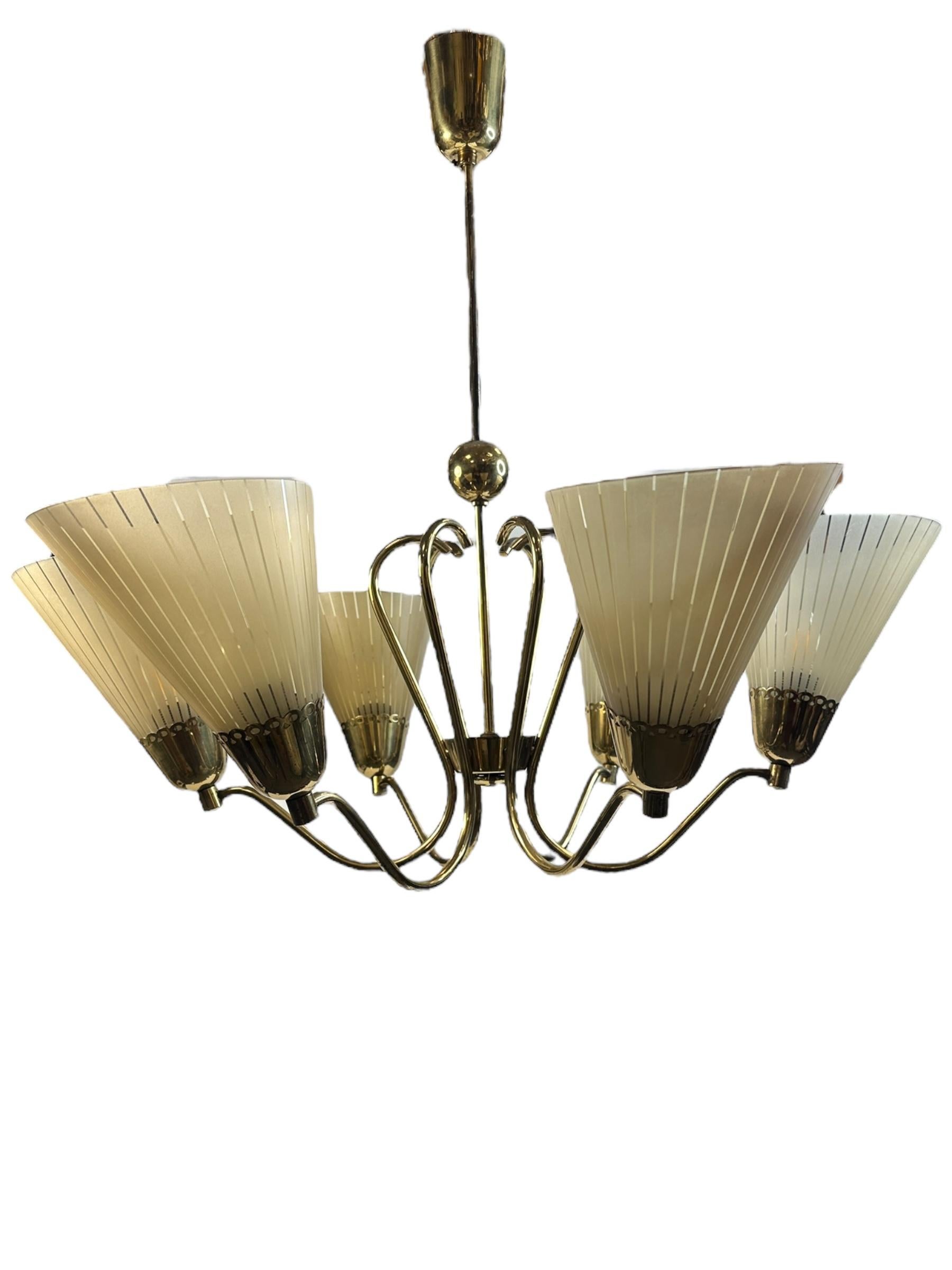 Mid-Century Modern Beautiful Mid-Century Six Light German Brass & Etched Glass Chandelier, 1950s For Sale