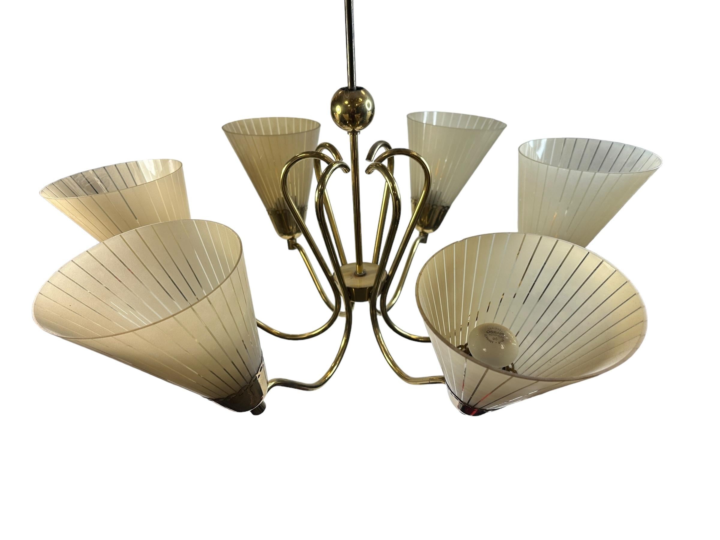 Mid-20th Century Beautiful Mid-Century Six Light German Brass & Etched Glass Chandelier, 1950s For Sale