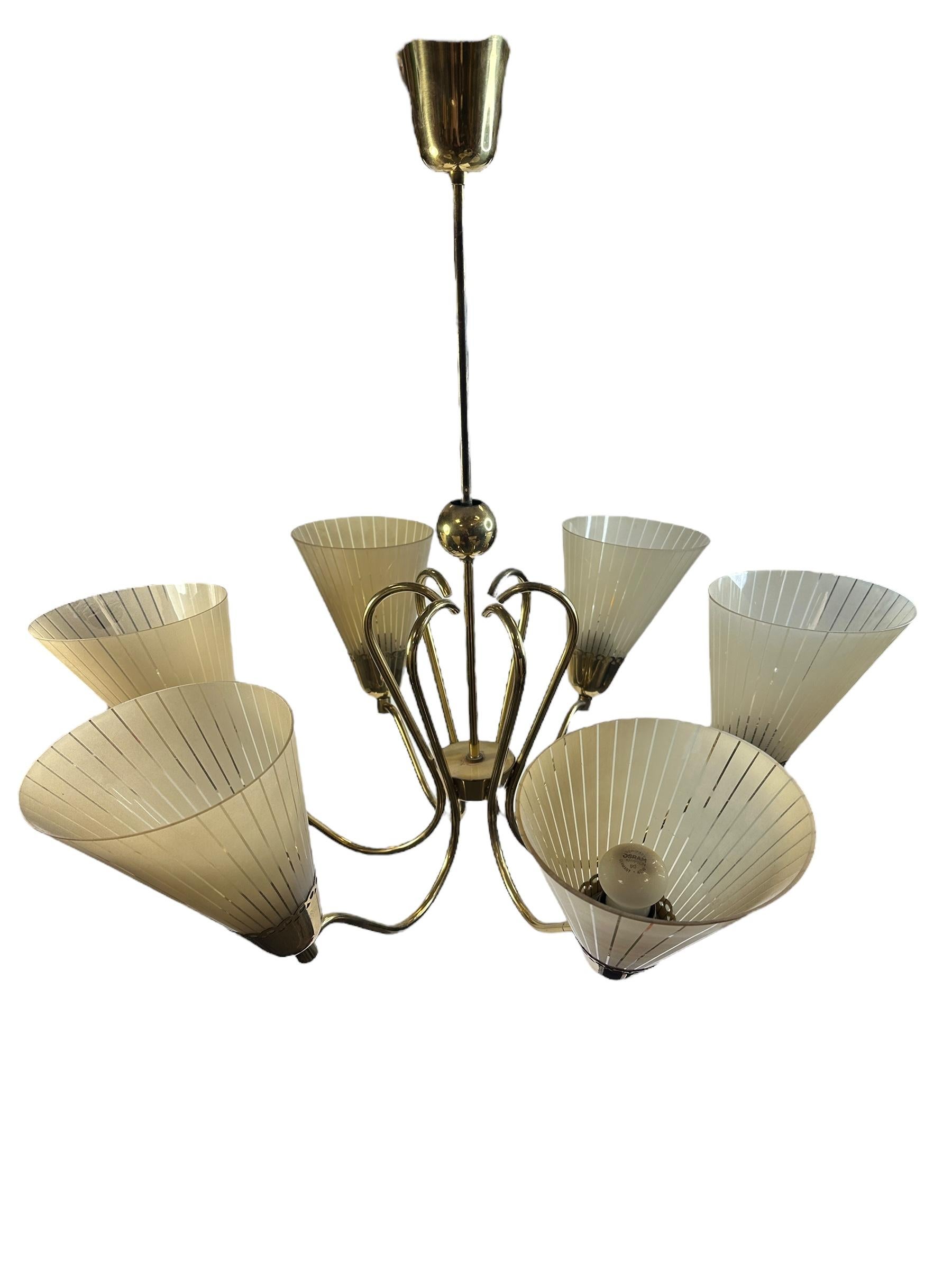 Metal Beautiful Mid-Century Six Light German Brass & Etched Glass Chandelier, 1950s For Sale