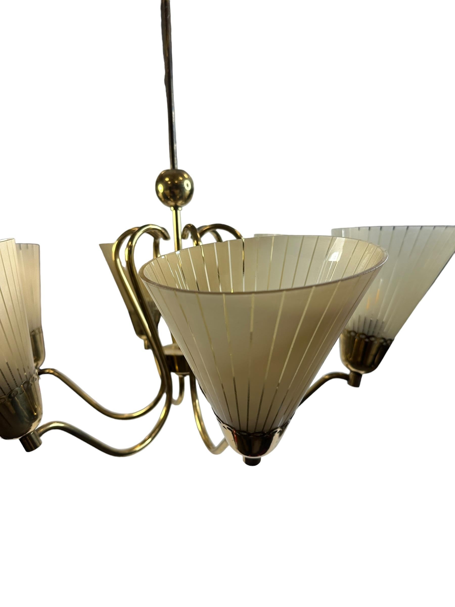 Beautiful Mid-Century Six Light German Brass & Etched Glass Chandelier, 1950s For Sale 2
