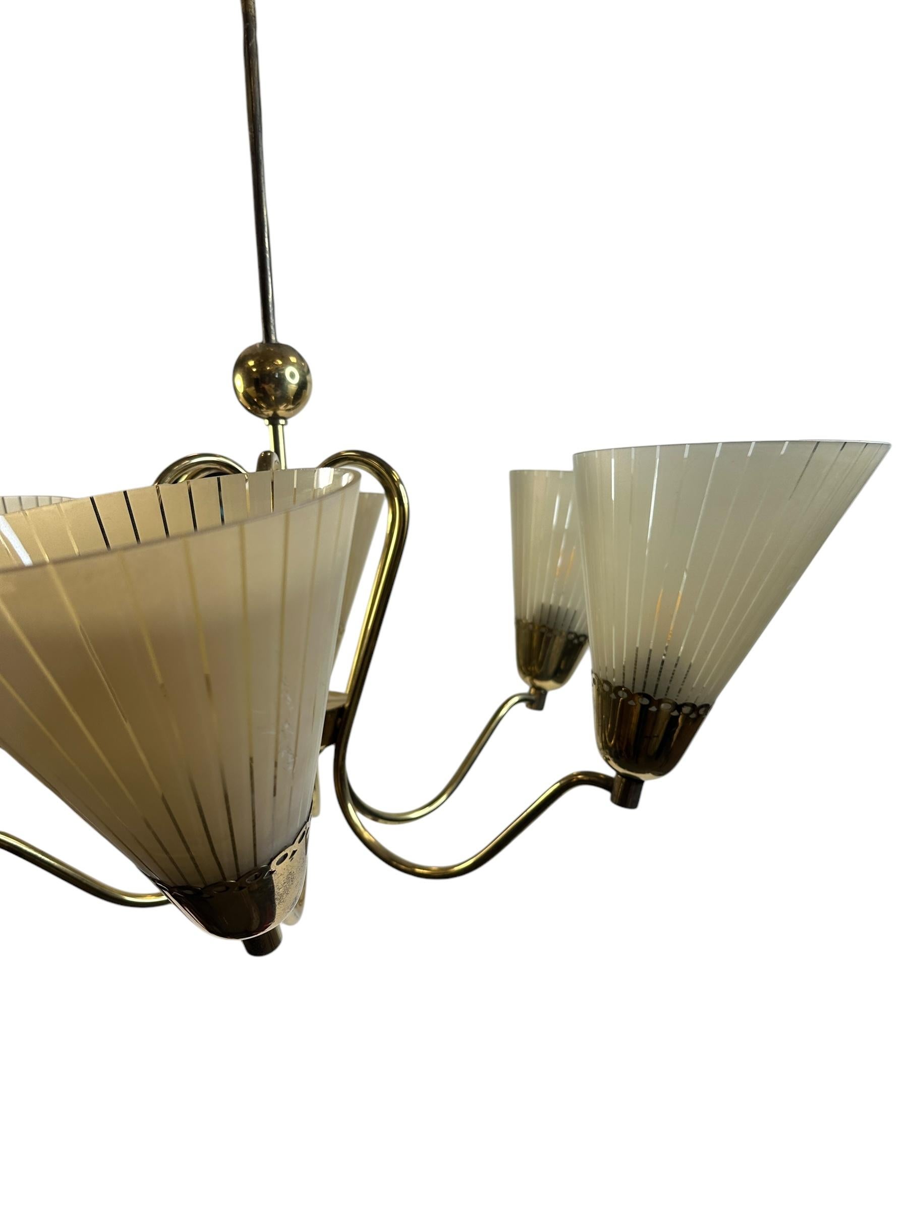 Beautiful Mid-Century Six Light German Brass & Etched Glass Chandelier, 1950s For Sale 3