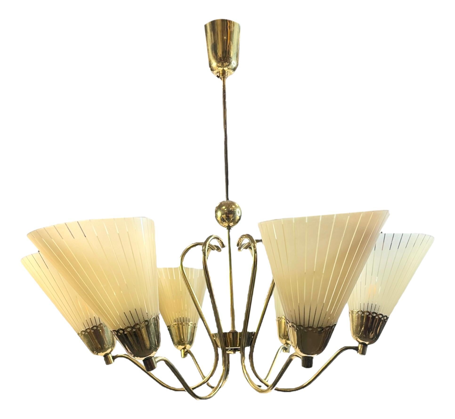 Beautiful Mid-Century Six Light German Brass & Etched Glass Chandelier, 1950s For Sale