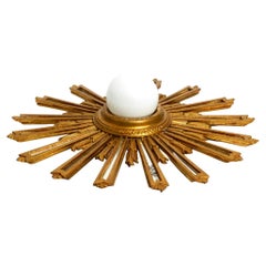 Beautiful Mid-Century Sunburst Ceiling or Wall Lamp Made of Gold Plated Wood