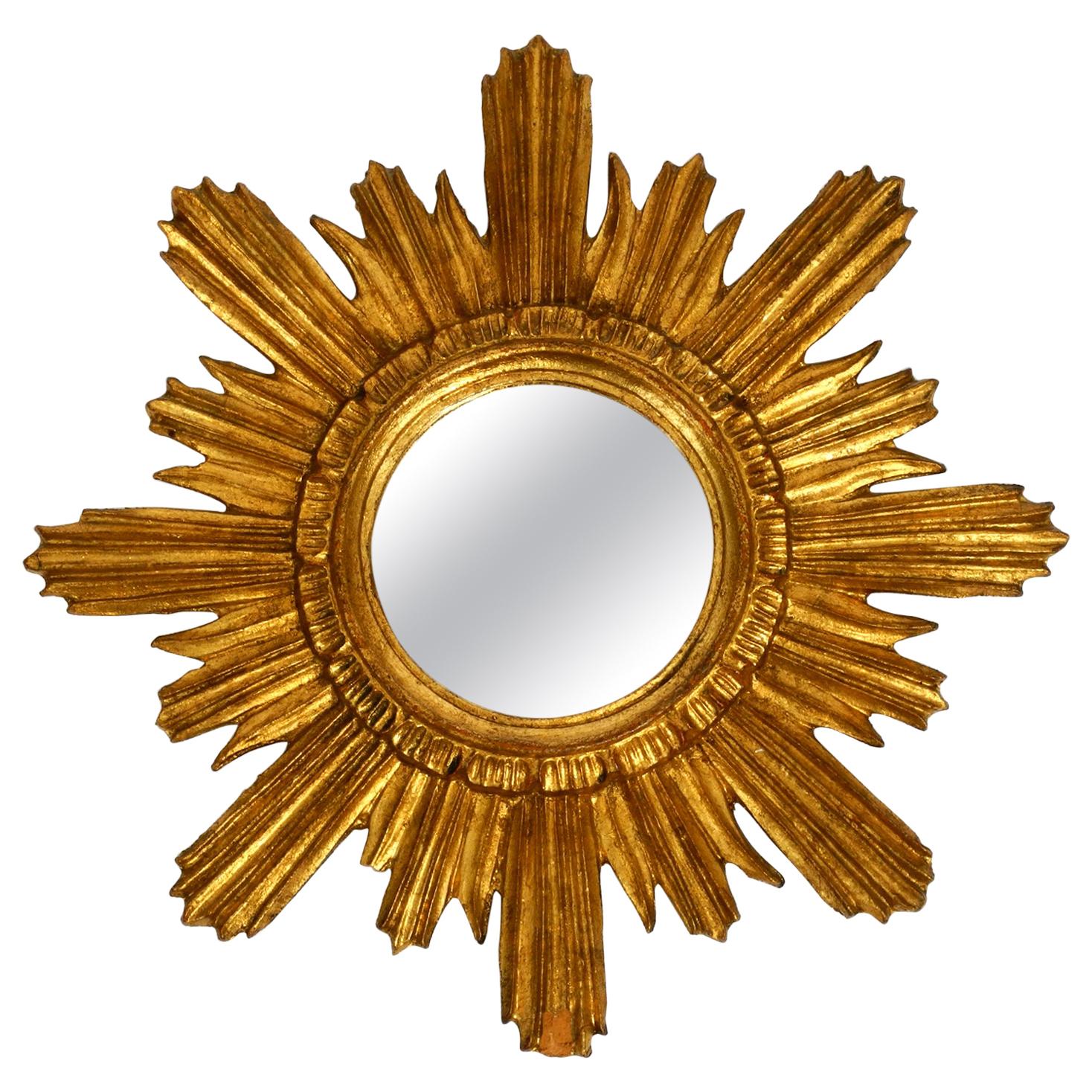 Beautiful Midcentury Sunburst Wall Mirror Made of Wood in Golden Color