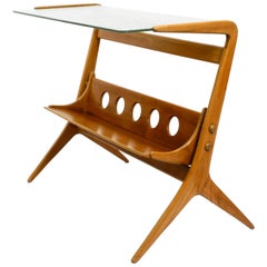 Beautiful Mid Century Table and Magazine Rack Made of Ash Wood and Wired Glass