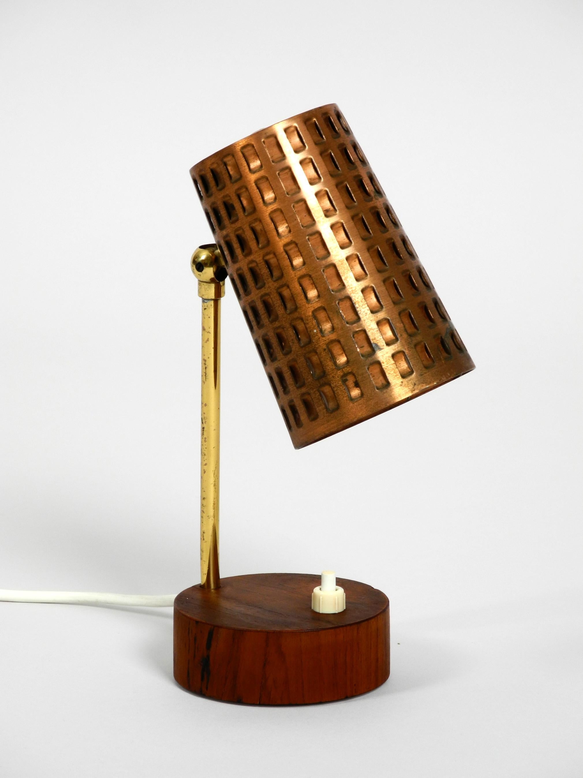 Beautiful Midcentury Table Lamp with Perforated Copper Shade and Teak Wood Base 4