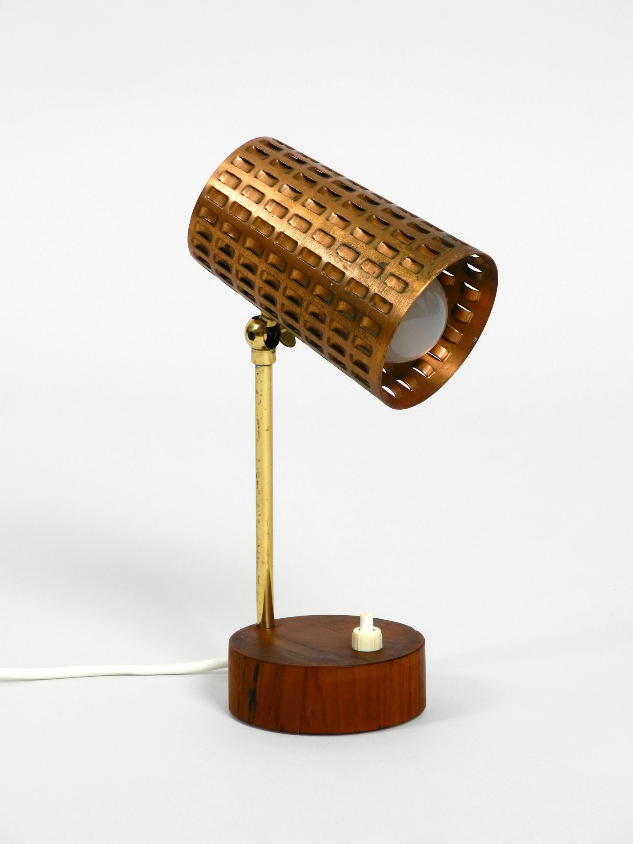 Beautiful Midcentury Table Lamp with Perforated Copper Shade and Teak Wood Base 7