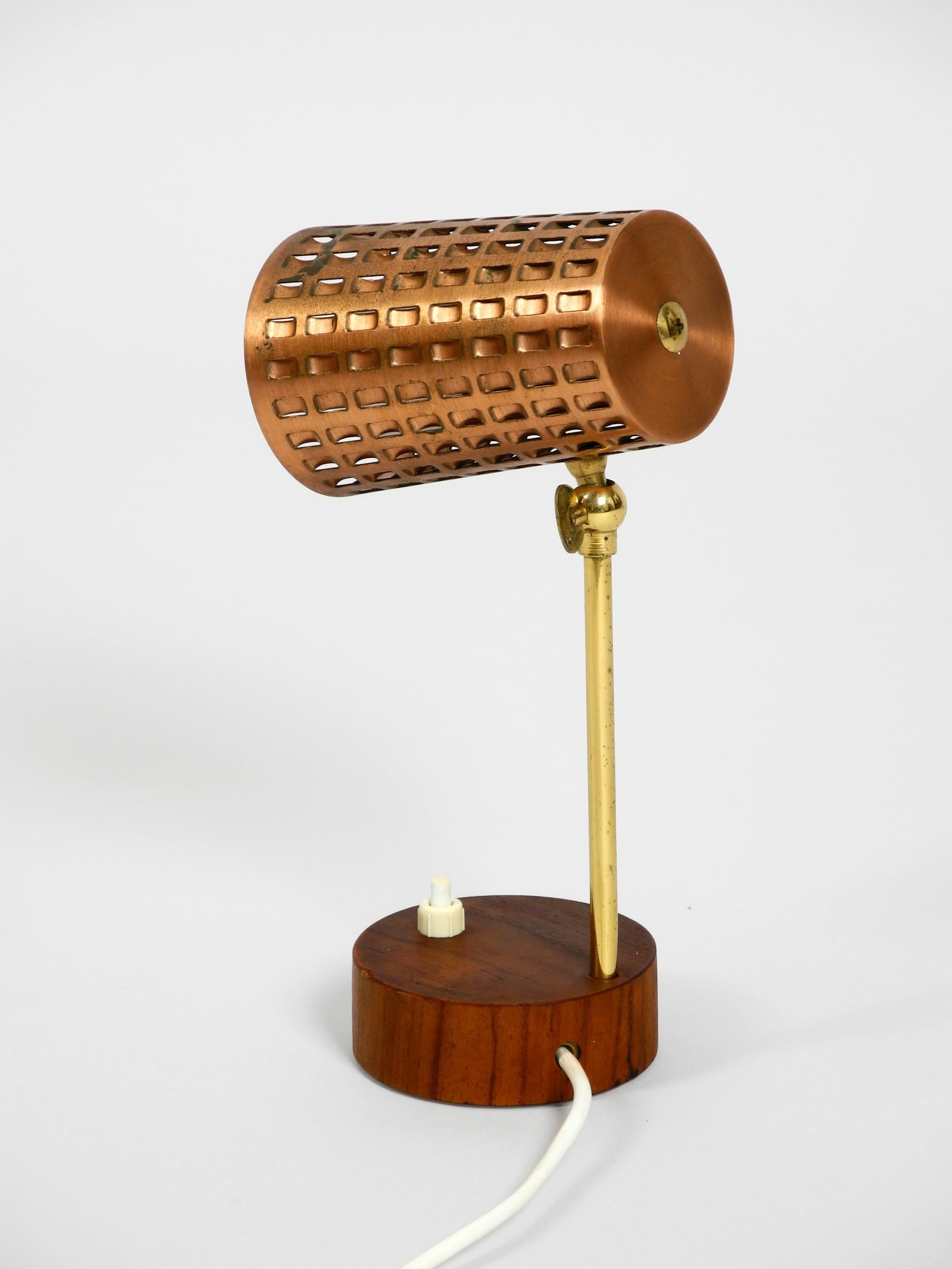 German Beautiful Midcentury Table Lamp with Perforated Copper Shade and Teak Wood Base