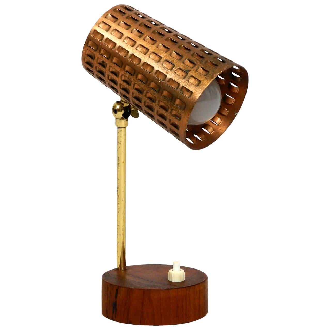 Beautiful Midcentury Table Lamp with Perforated Copper Shade and Teak Wood Base