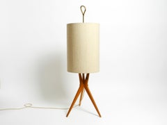 Beautiful Mid Century tripod walnut wood floor lamp with large fabric shade