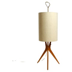 Beautiful Mid Century tripod walnut wood floor lamp with large fabric shade