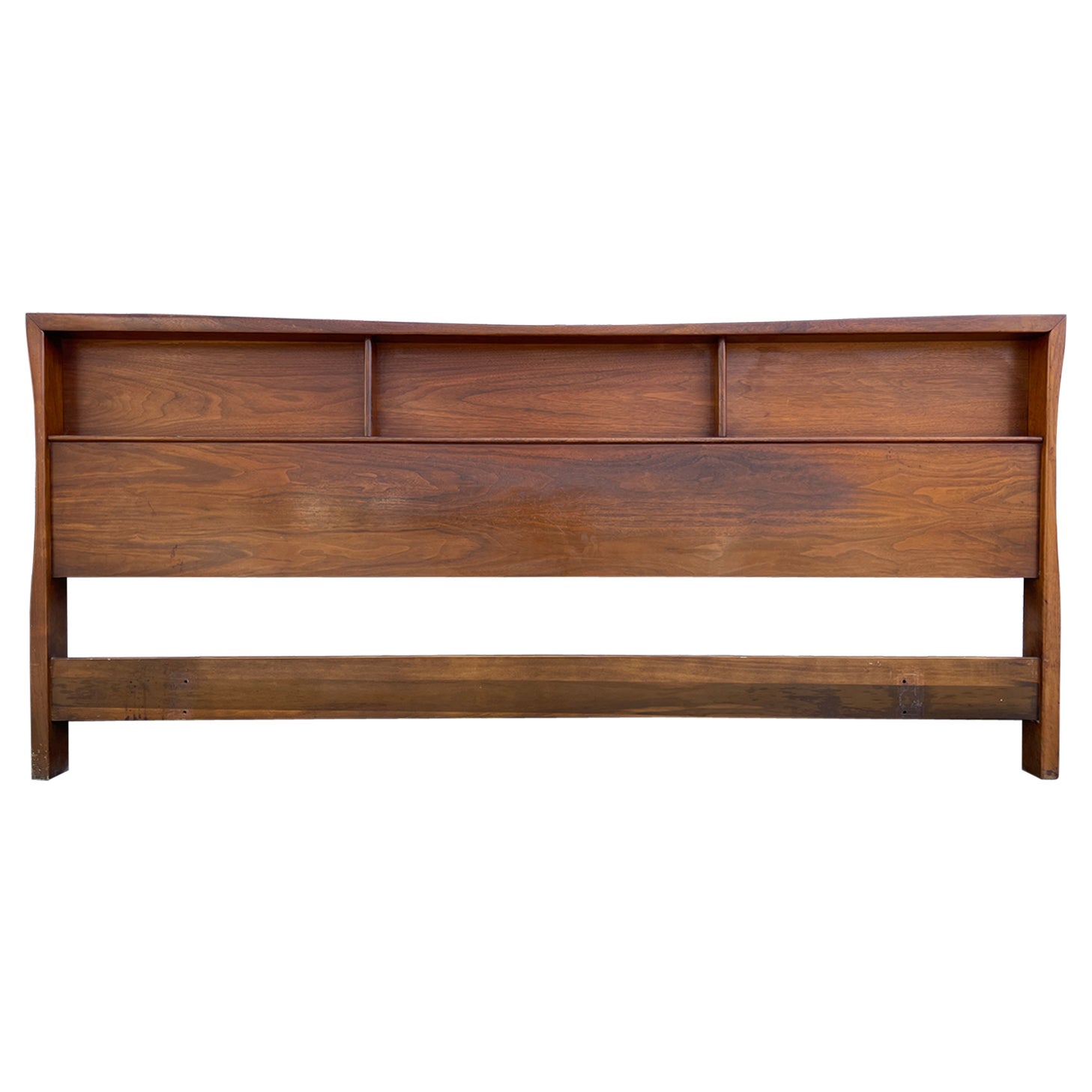 Beautiful Mid-Century Walnut King Bed Headboard with Narrow Shelves