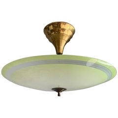 Vintage Beautiful Midcentury Etched & Colored Fresh Green Glass Flushount Ceiling Light