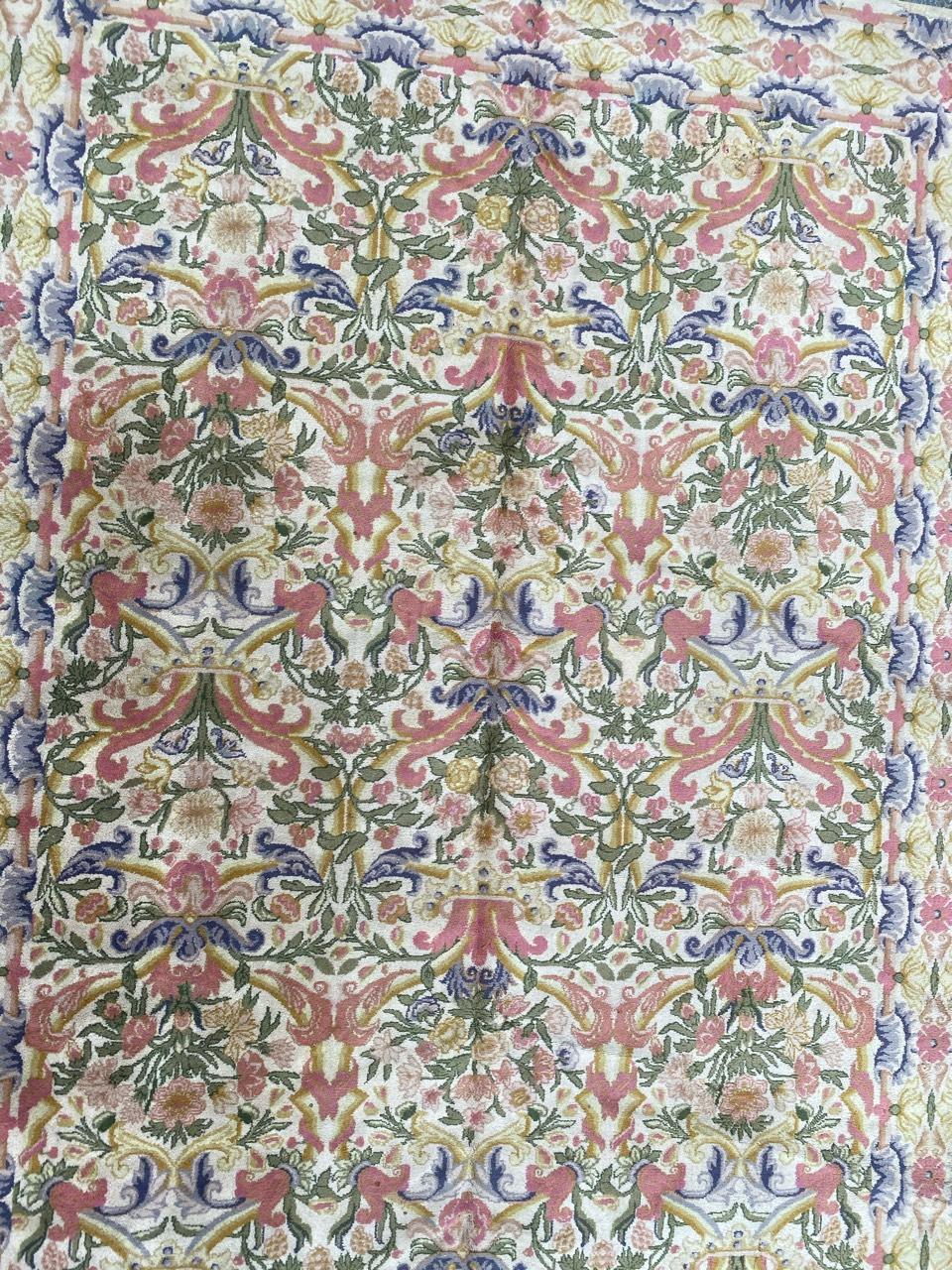 Nice French rug with a beautiful decorative design and beautiful colors with blue, pink, yellow and green, entièrement knotted with wool velvet on cotton foundation.