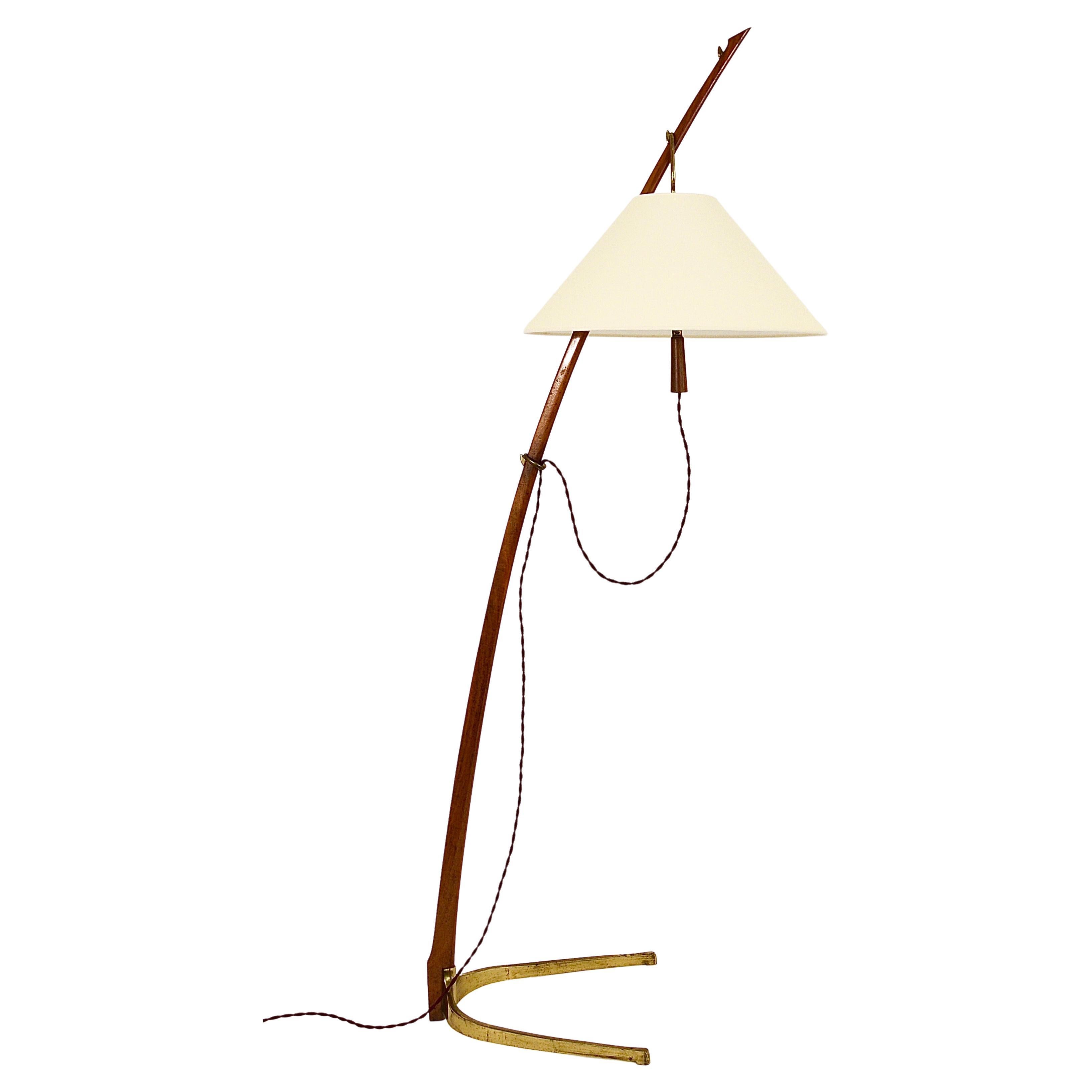 J.T. Kalmar 2x Dornstab Adjustable Floor Lamp, Brass, Walnut, Austria, 1950s For Sale