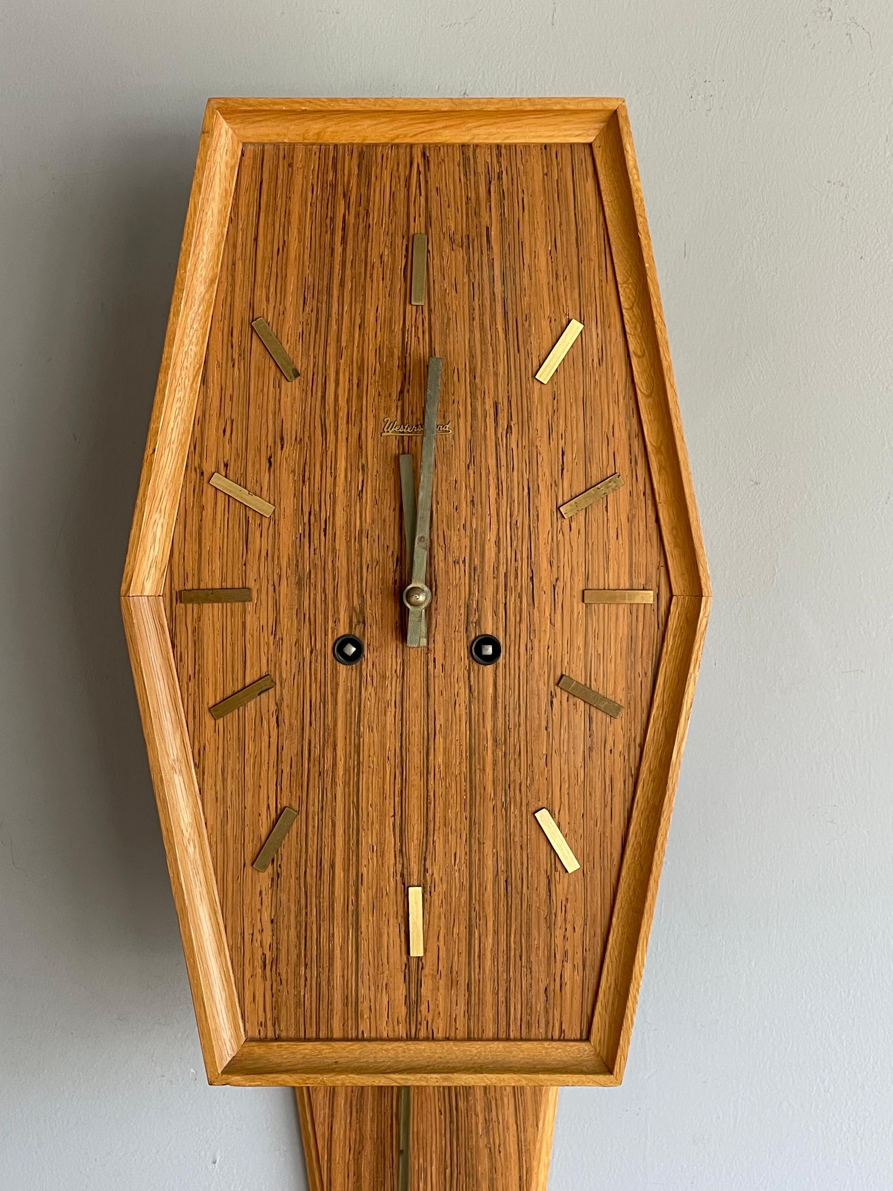 Cast Beautiful Midcentury Modern Wooden Pendulum Wall Clock By Westerstrand, Sweden For Sale