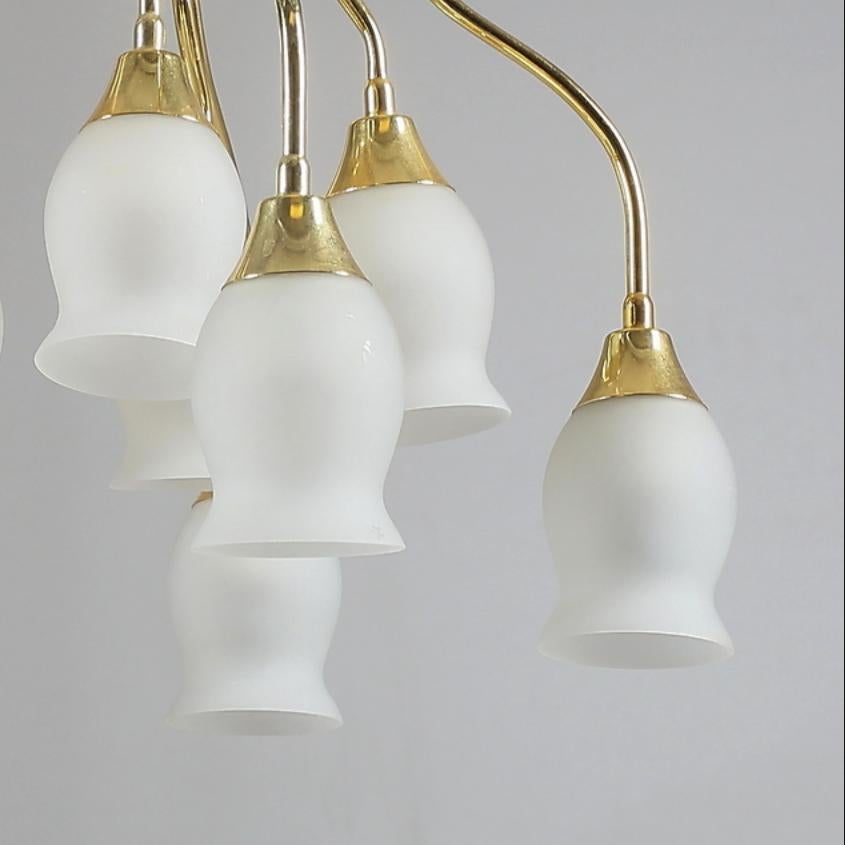 Mid-Century Modern Beautiful Midcentury Mount Chandelier with Opaline Glass Shades For Sale