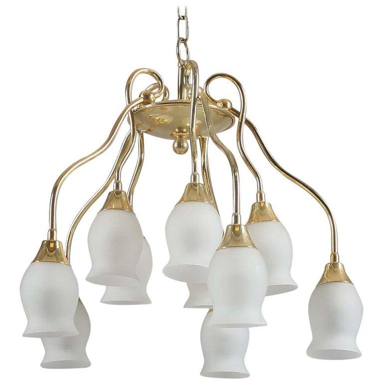 Swedish Beautiful Midcentury Mount Chandelier with Opaline Glass Shades For Sale