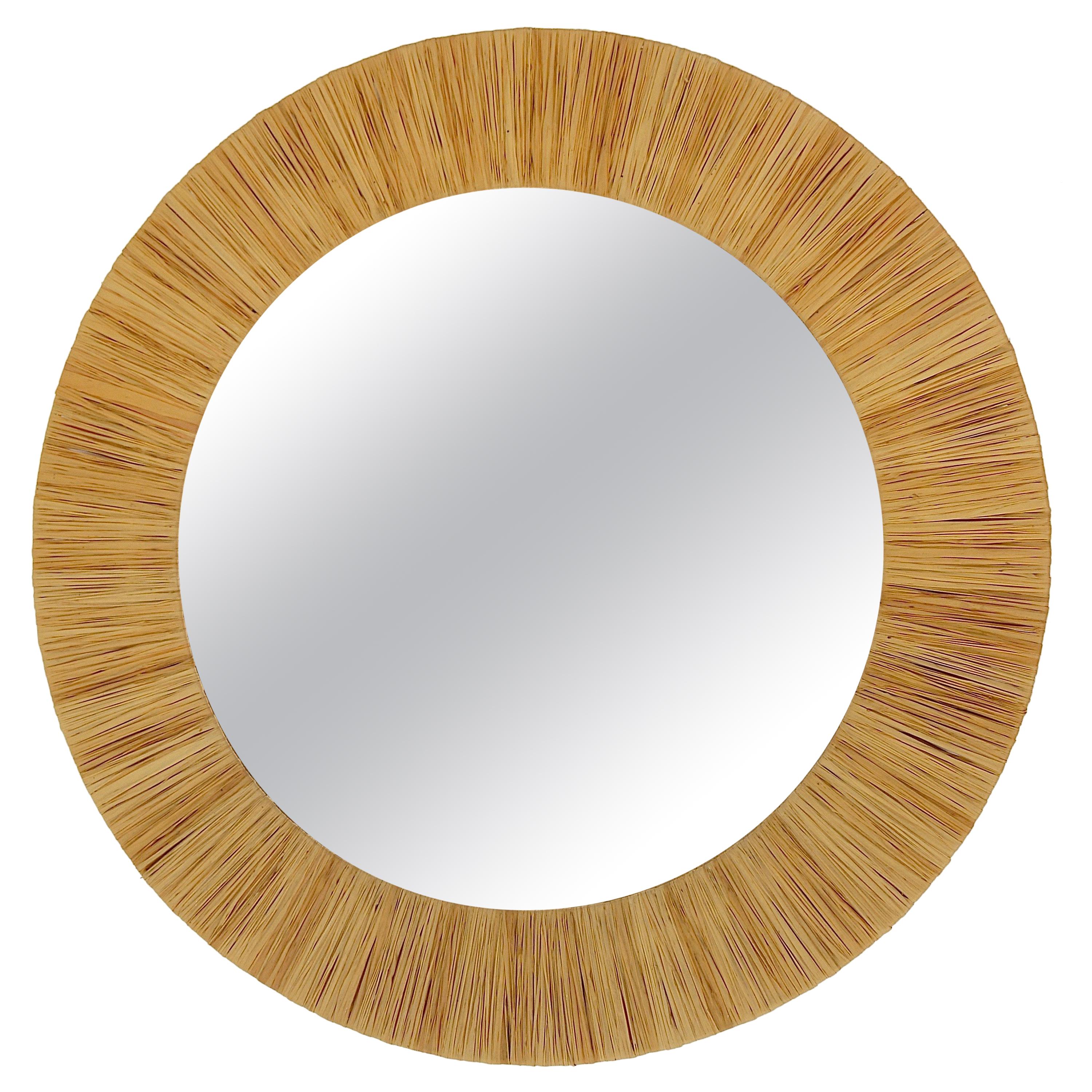 Beautiful Midcentury Round Wall Mirror With Raffia Bast Frame, France, 1950s
