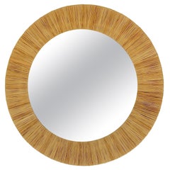Vintage Beautiful Midcentury Round Wall Mirror With Raffia Bast Frame, France, 1950s