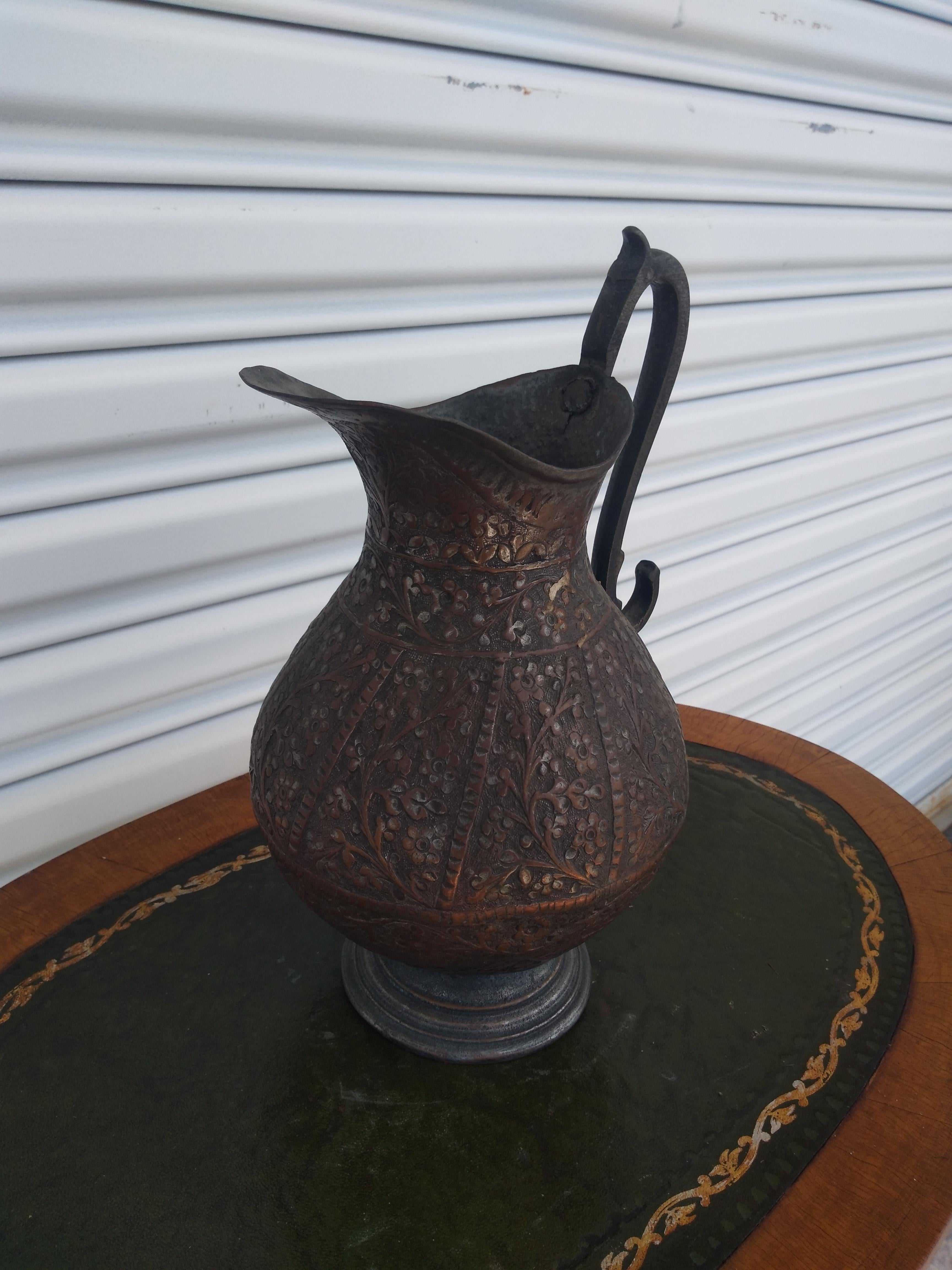 Beautiful Middle Eastern Hand Crafted Metal Pitcher In Good Condition For Sale In Pasadena, TX