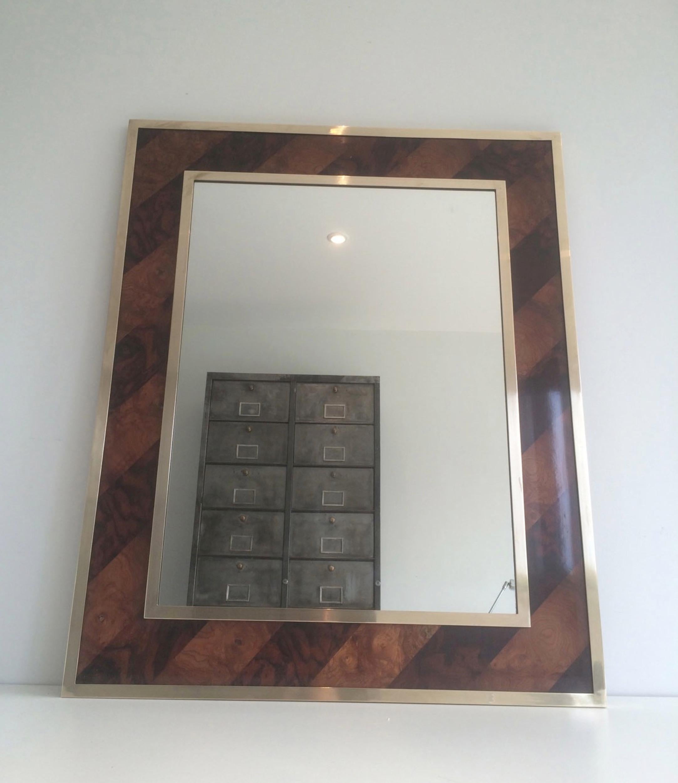 Beautiful Mirror Made of a Burr Walnut Marquetry and Brass, circa 1960 For Sale 2