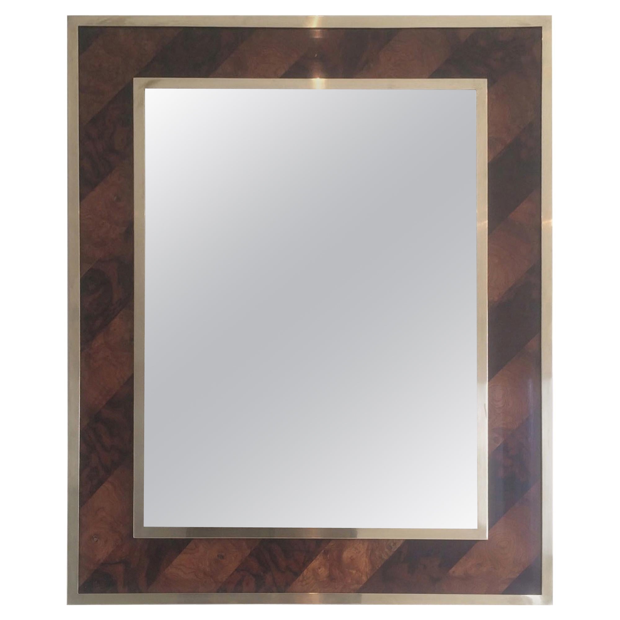 Magnifique miroir en marqueterie de ronce de noyer et laiton, vers 1960