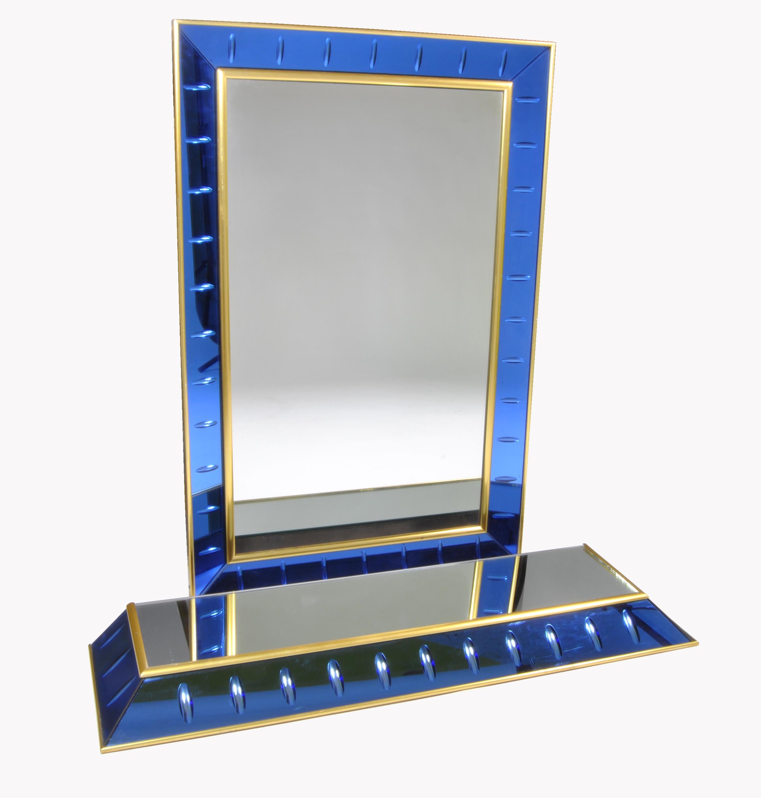 Beautiful mirror with a small console by Fontana Arte in a rare blue color, Italy, 1960.
