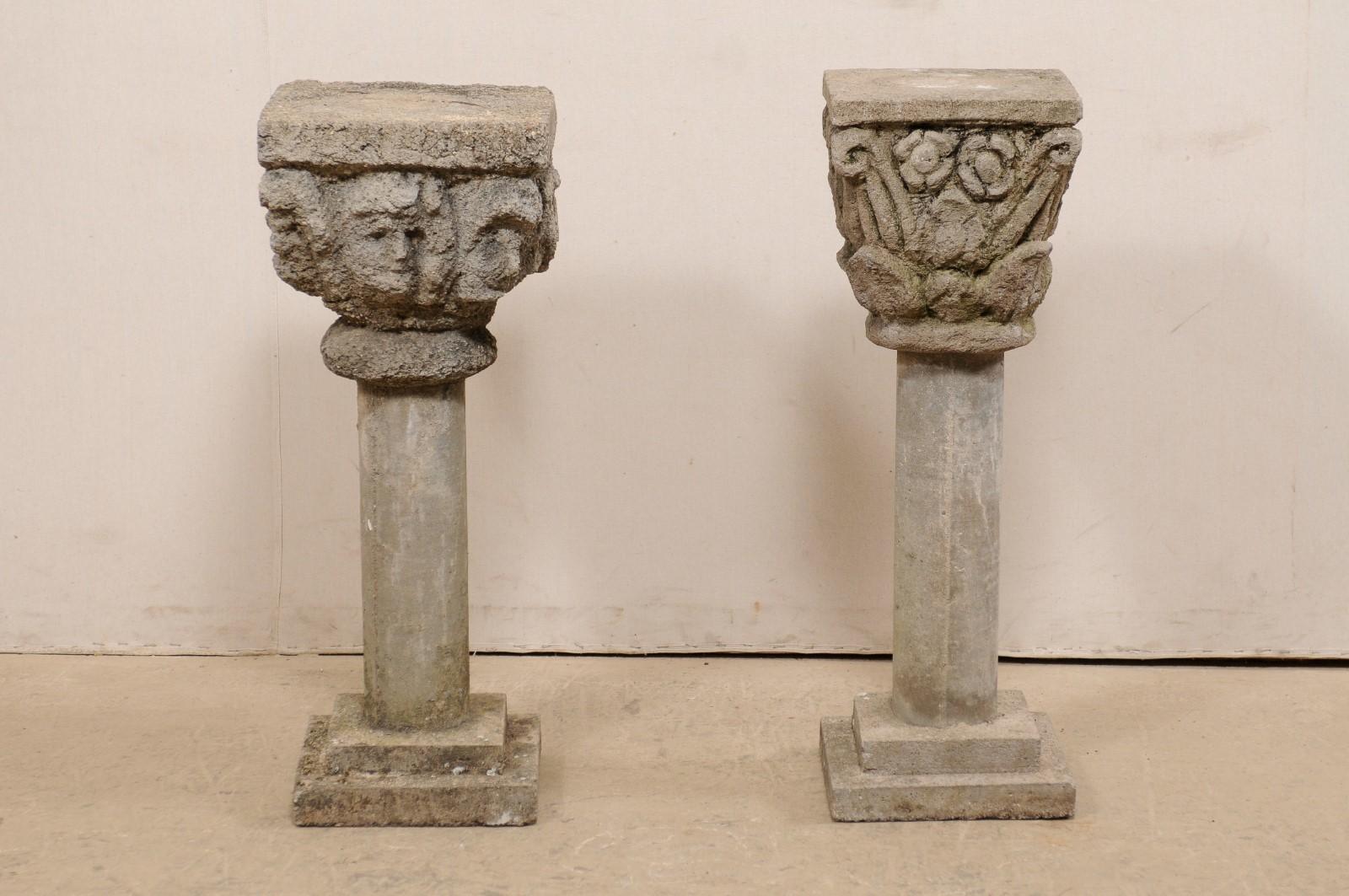 20th Century Beautiful Mismatched Spanish Pair of Garden Pedestals, 3 Feet Tall For Sale