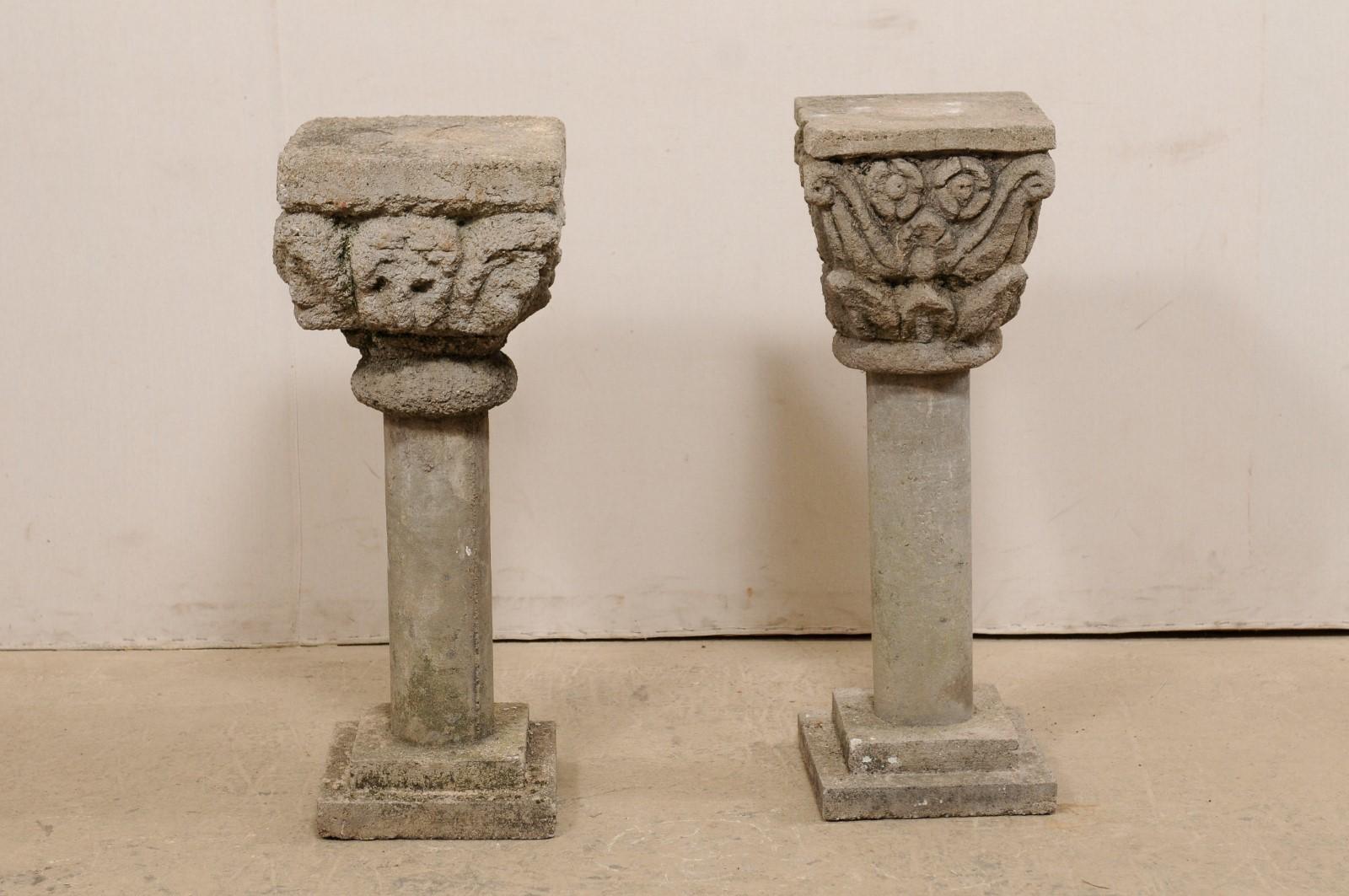 Beautiful Mismatched Spanish Pair of Garden Pedestals, 3 Feet Tall For Sale 1