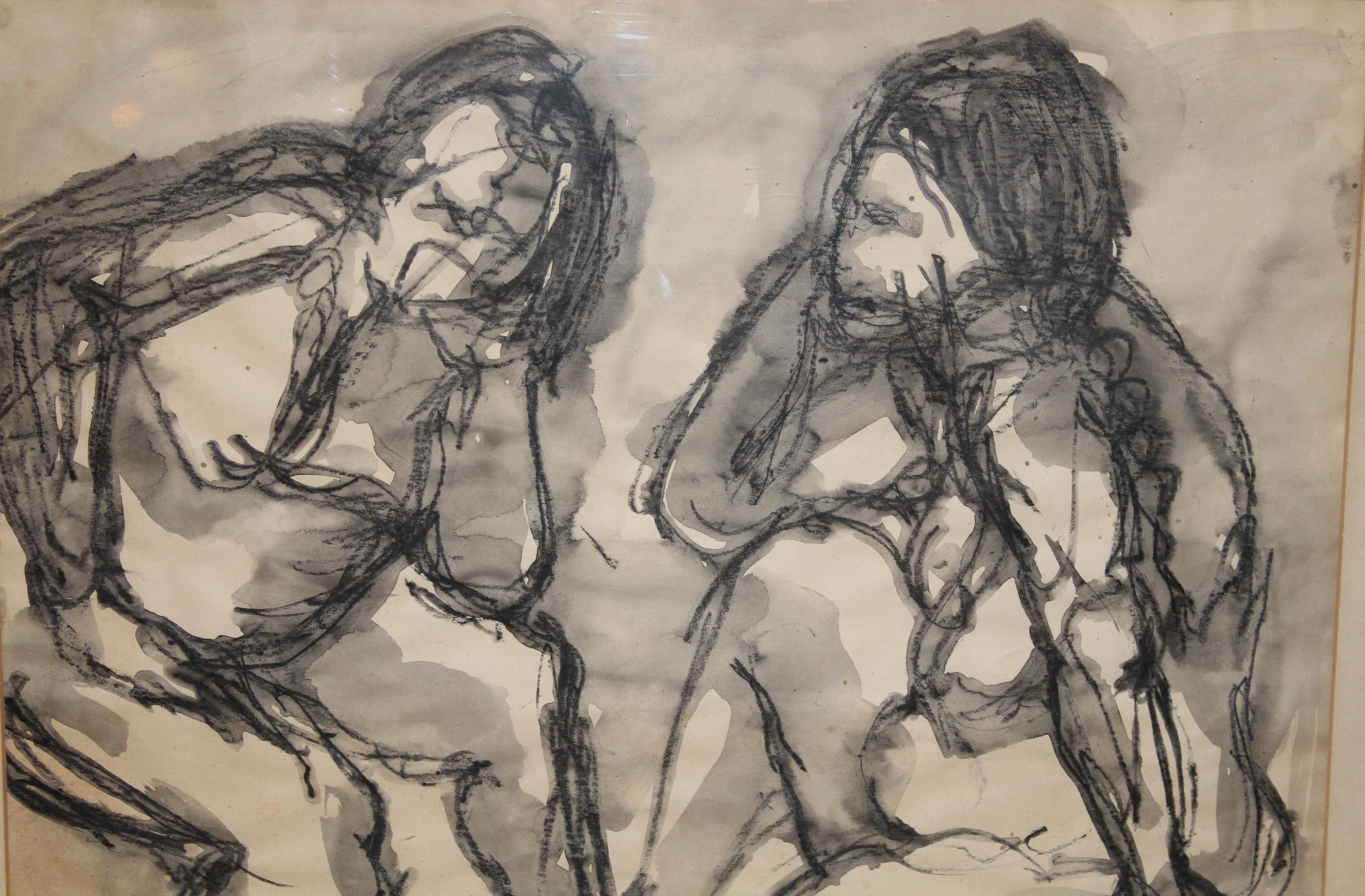 Expressive mixed-media drawing by Bernice Bauer, combining watercolor and charcoal to depict two human figures. The interplay of soft washes and bold linework creates a dynamic composition, showcasing the artist’s skill in blending delicacy with