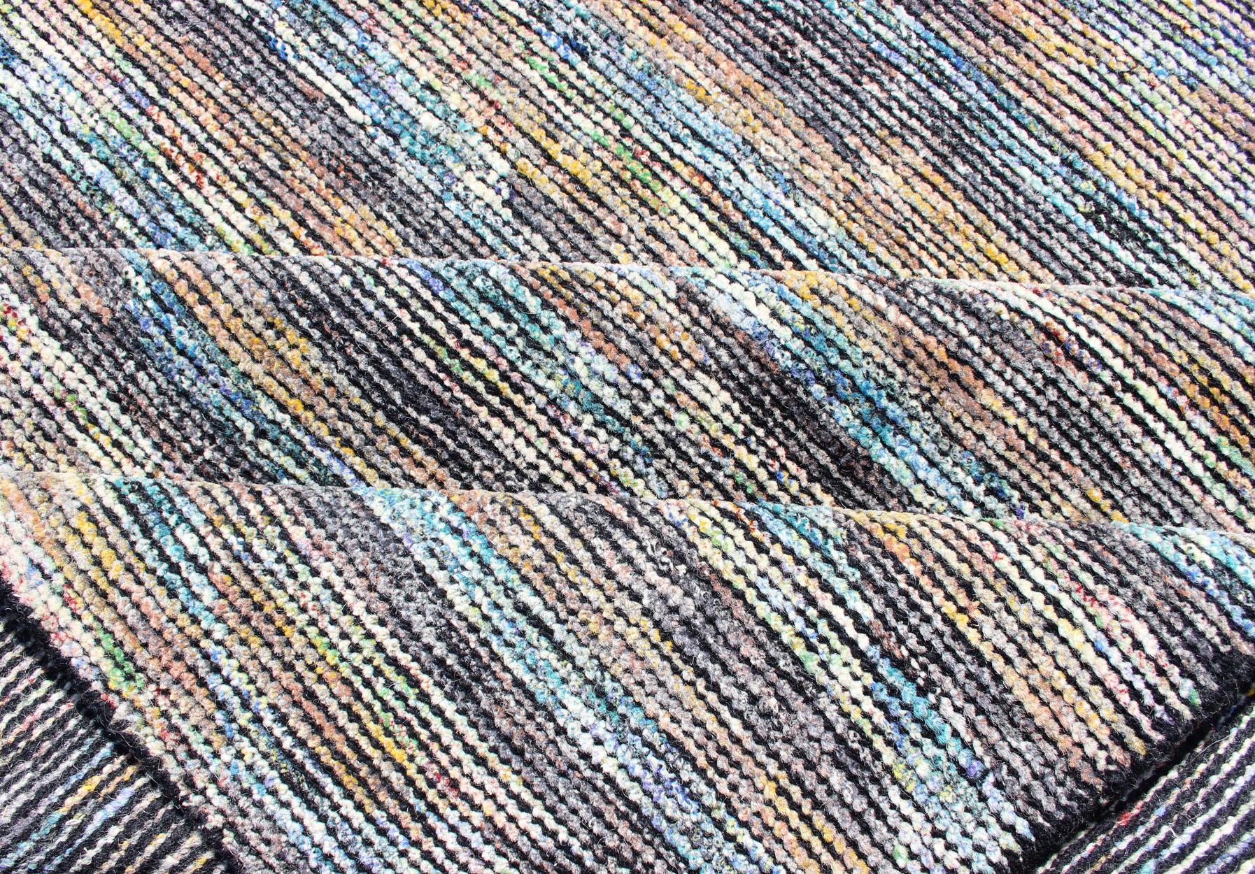 Beautiful Modern Distressed Rug in Multi Shades of Gray, Purple, Blue and Yellow For Sale 3
