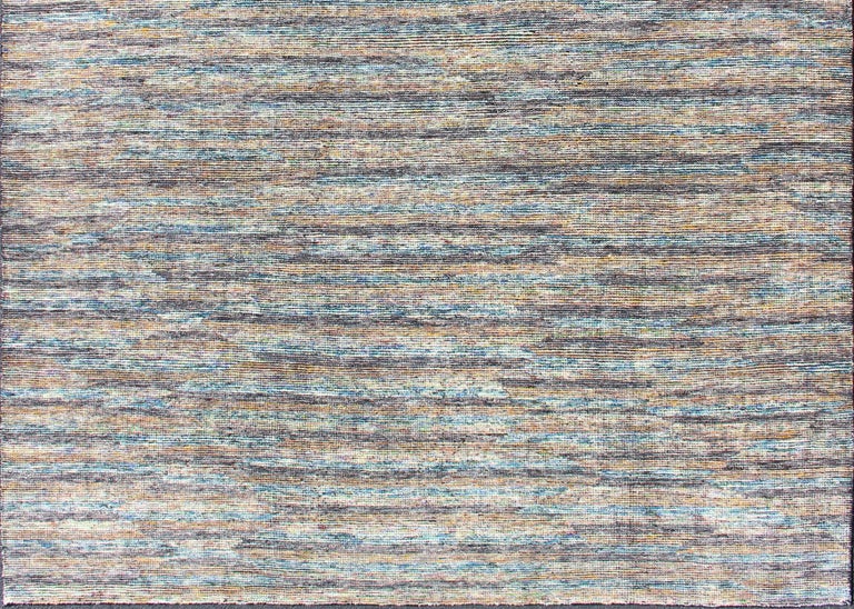 Hand-Knotted Beautiful Modern Distressed Rug in Multi Shades of Gray, Purple, Blue and Yellow For Sale