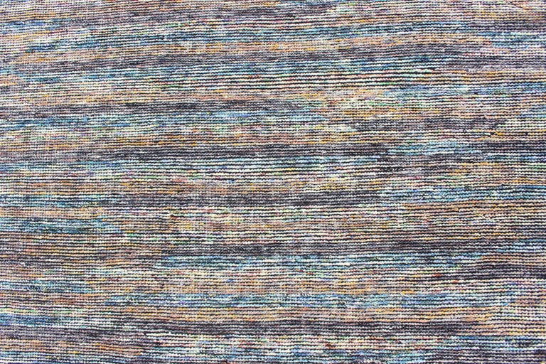Wool Beautiful Modern Distressed Rug in Multi Shades of Gray, Purple, Blue and Yellow For Sale