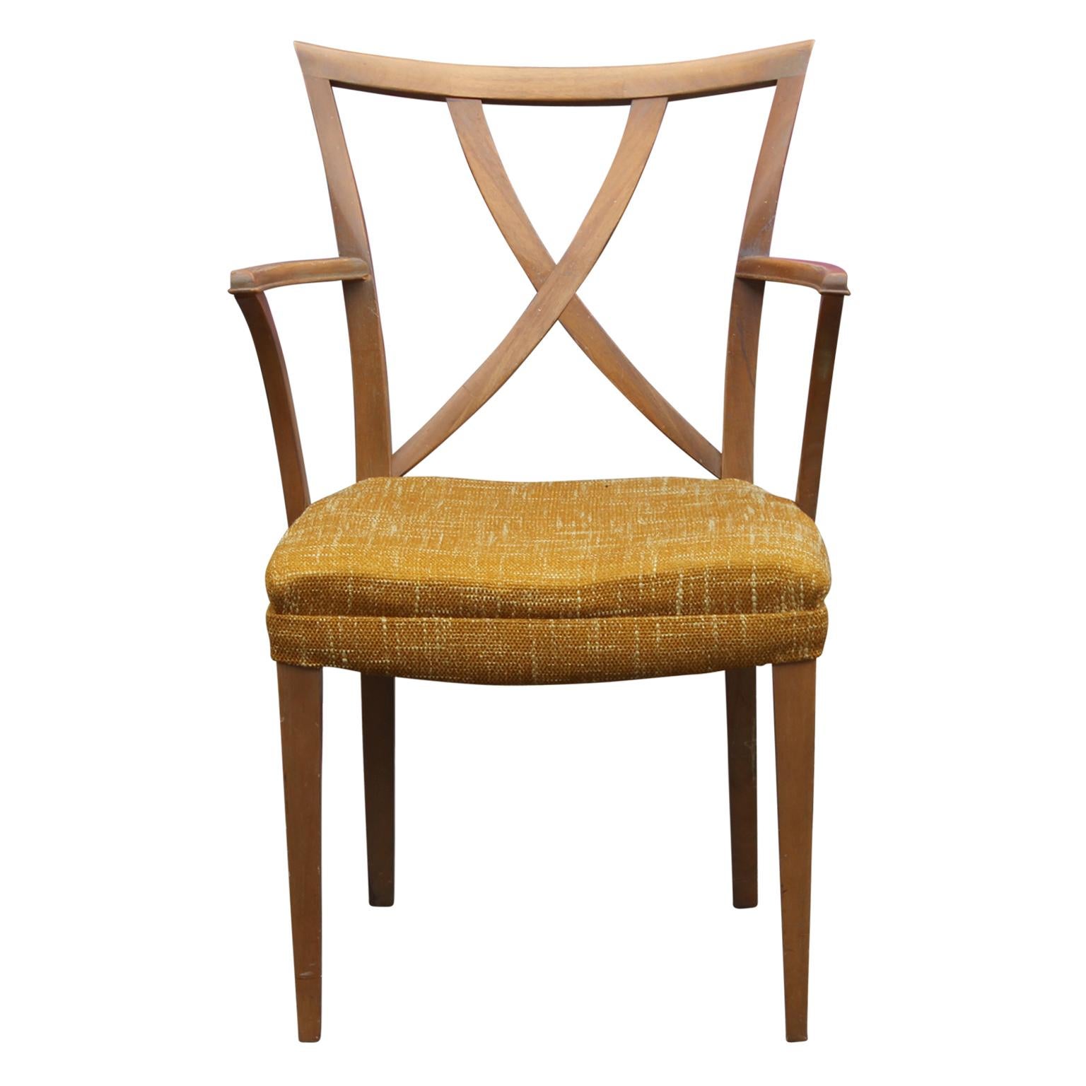 Stunning X-back dining chairs in a set of six by Paul Frankl. Two of them are captain's chairs, and four of them are side chairs. They are ready to be reupholstered and can be COM.
