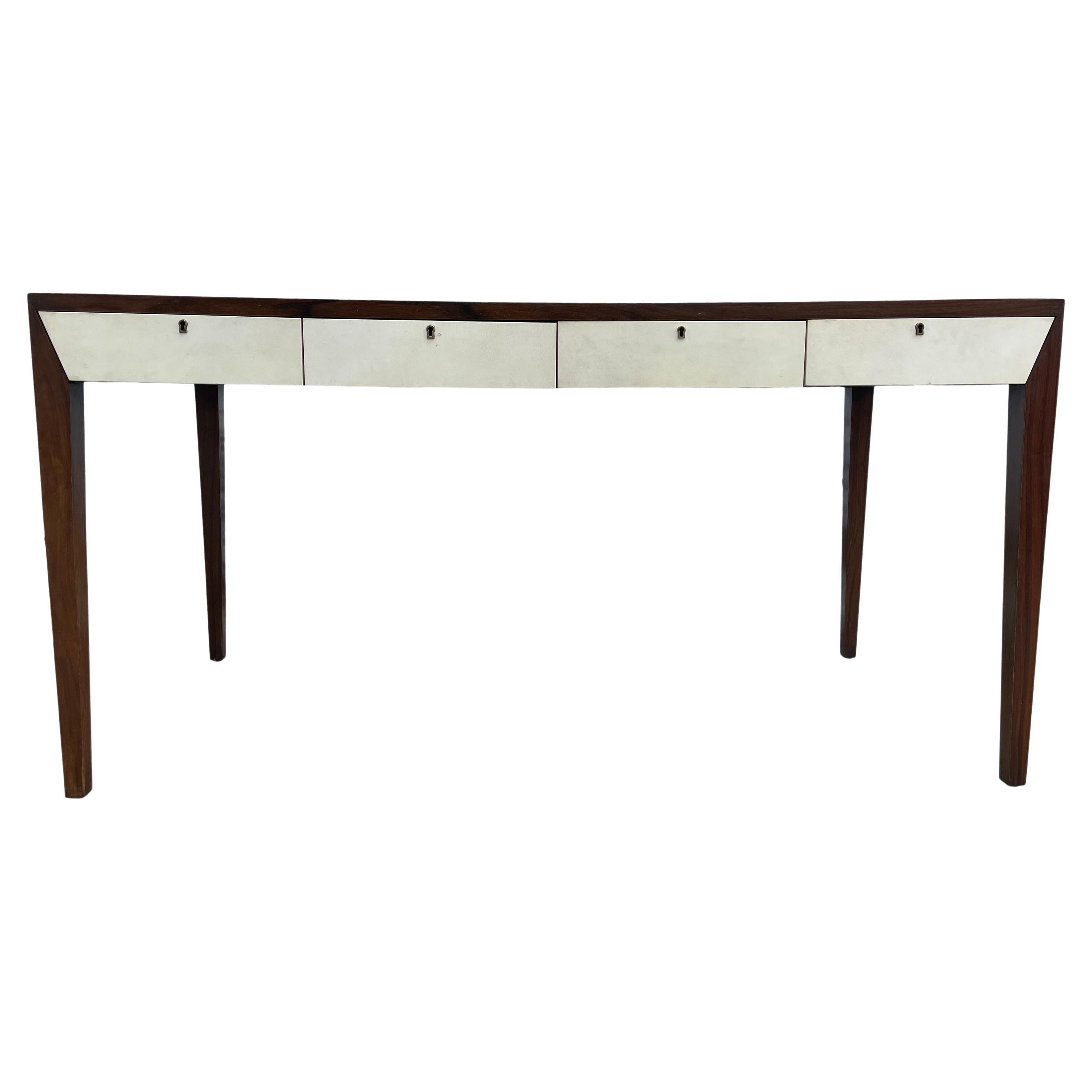 Beautiful modern style of Ralph Lauren solid mahogany desk with 4 leather front drawers. Very High end woodwork and construction. Diamond Wood pattern on desk top. Very high end clear gloss lacquer finish. smooth metal drawer slides on solid Oak