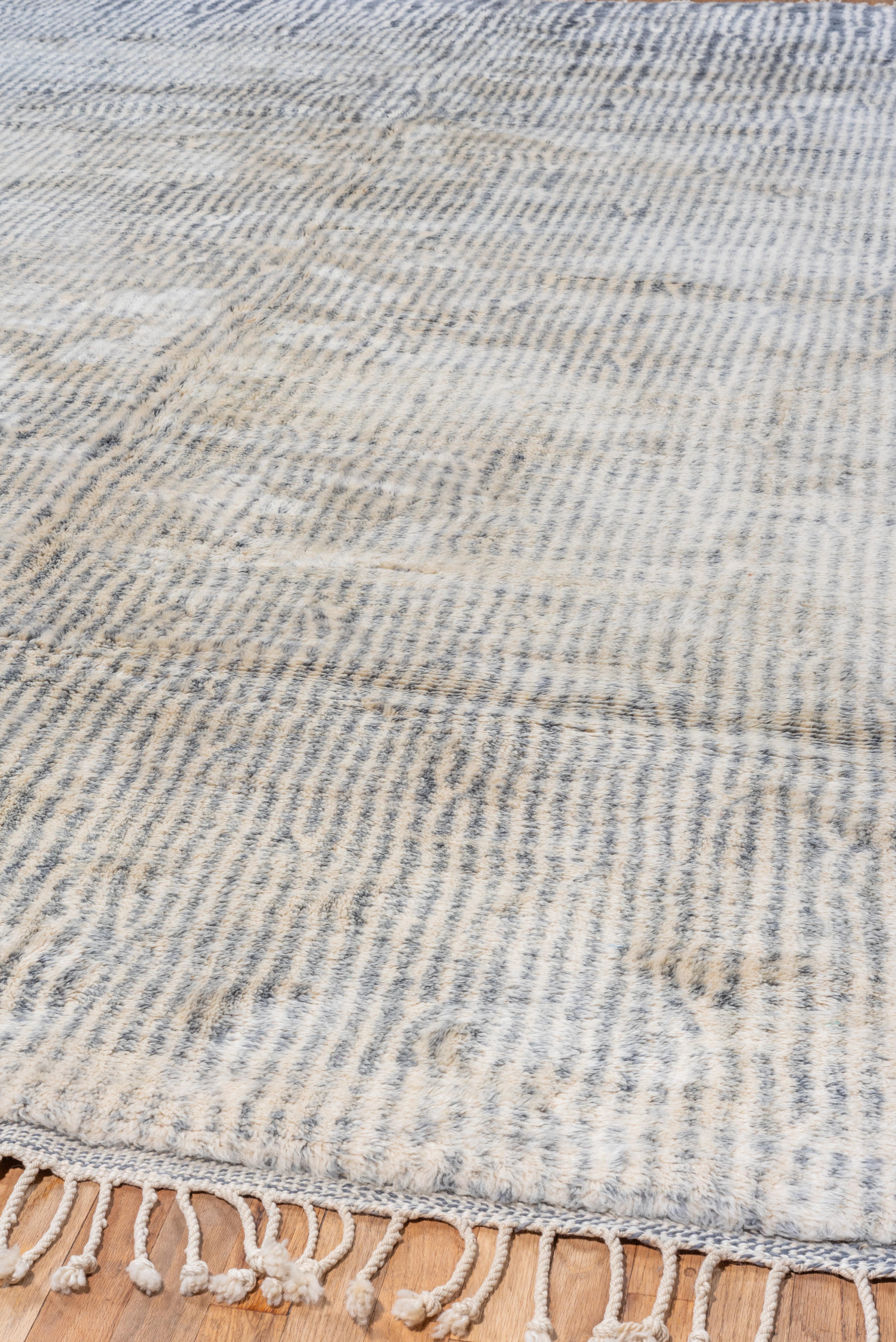 Hand-Knotted Beautiful & Modern Striped Moroccan Carpet, Cream, Silver, Gray & White Palette