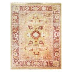 Beautiful Mohair Oushak Gold Hand-Knotted Rug Carpet with Stylized Medallion