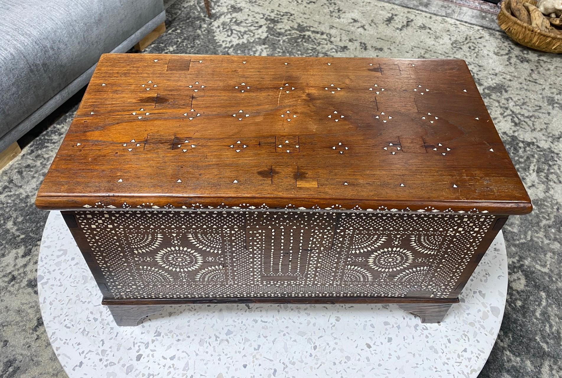 Beautiful Moorish Syrian or Asian Inlaid Inlay Wood Box Storage Chest Trunk For Sale 3