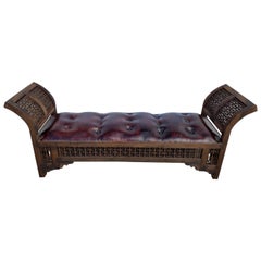 Beautiful Moroccan Leather Carved Cedar Bench