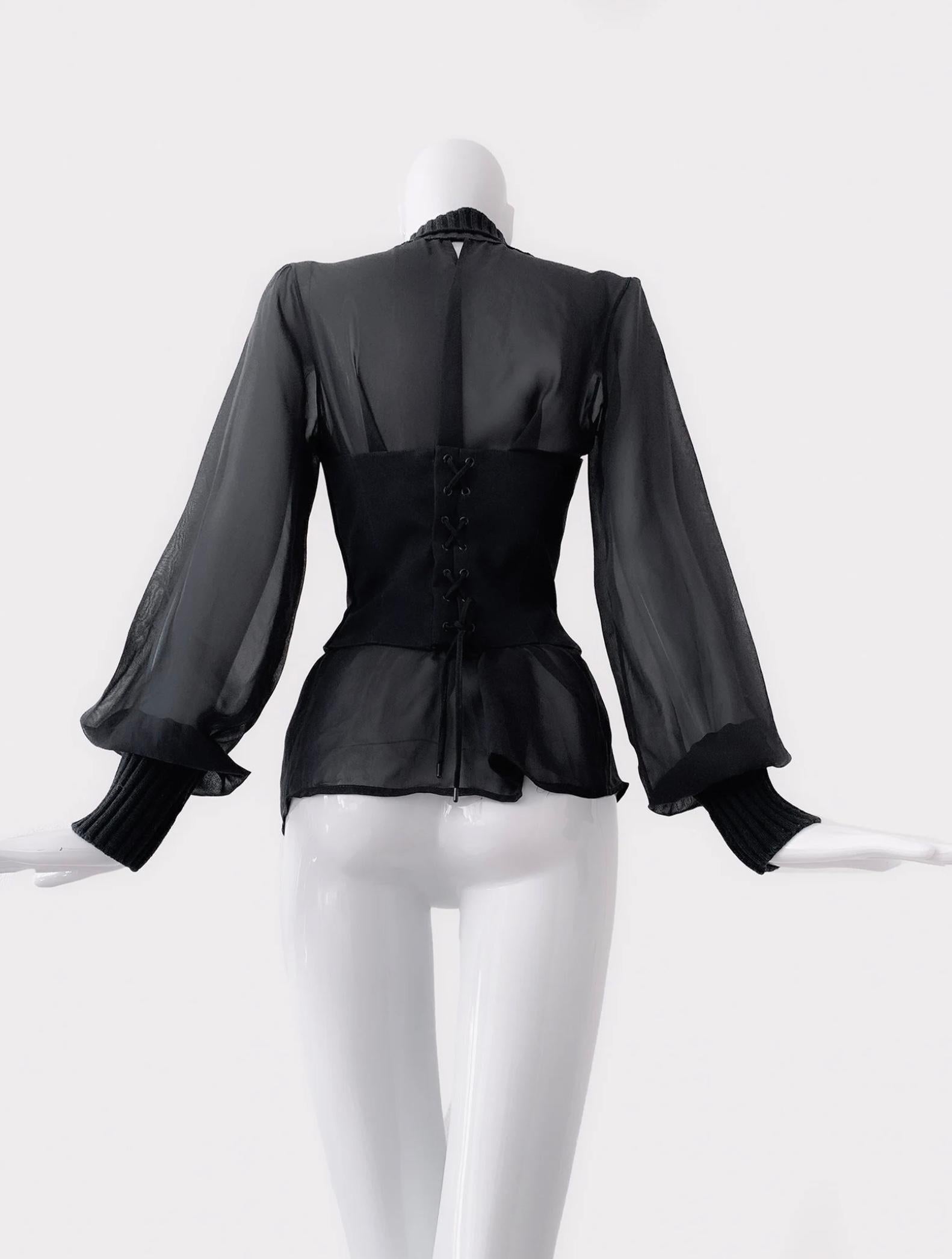 Beautiful Mugler Blouse Black Semi Sheer Top Wool Collar Cuffs Sexy  In Excellent Condition For Sale In Berlin, BE