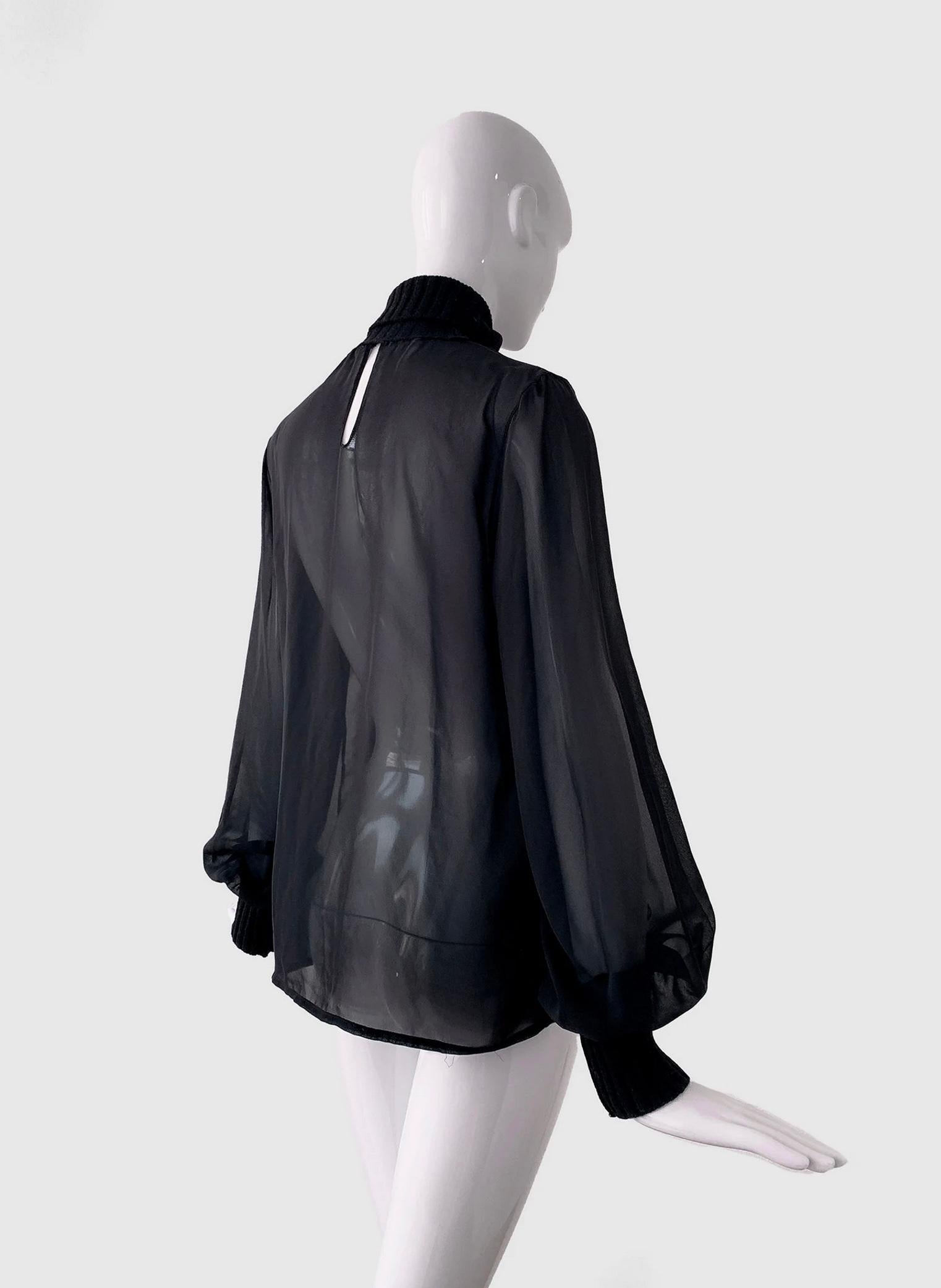 Schöne Mugler-Bluse Schwarz Halbdurchsichtiges Oberteil mit Wollkragen-Manschettenknöpfen Sexy  im Angebot 1