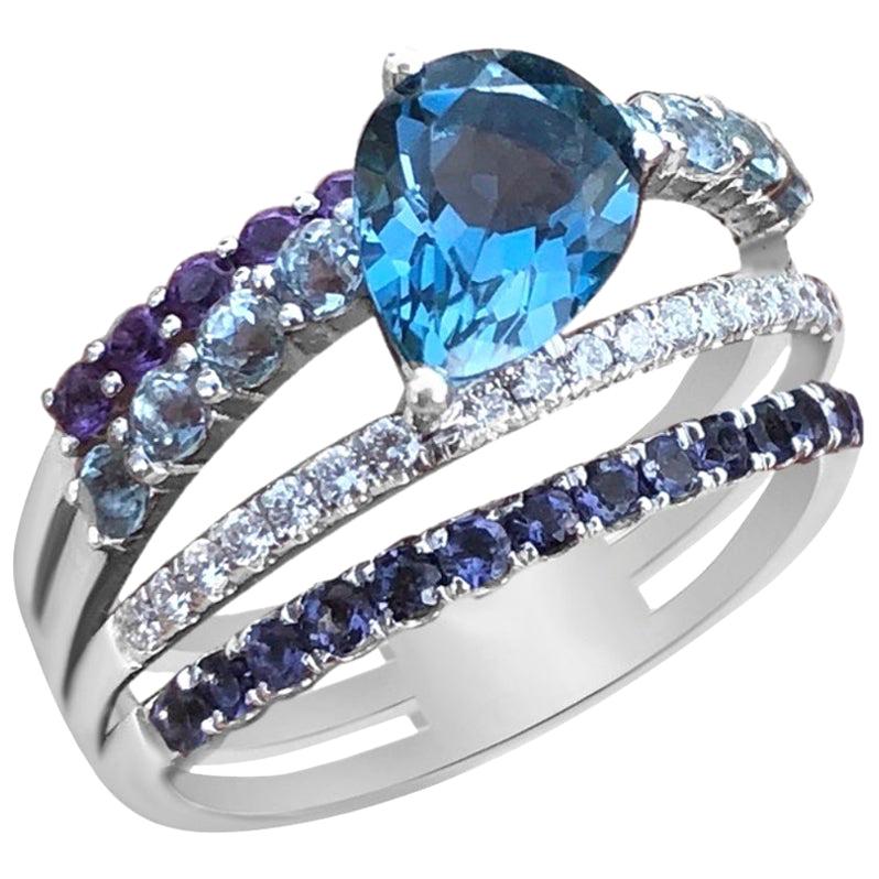 Beautiful Multi-Color Diamond Topaz Amethyst White Gold 3-Stone Ring for Her