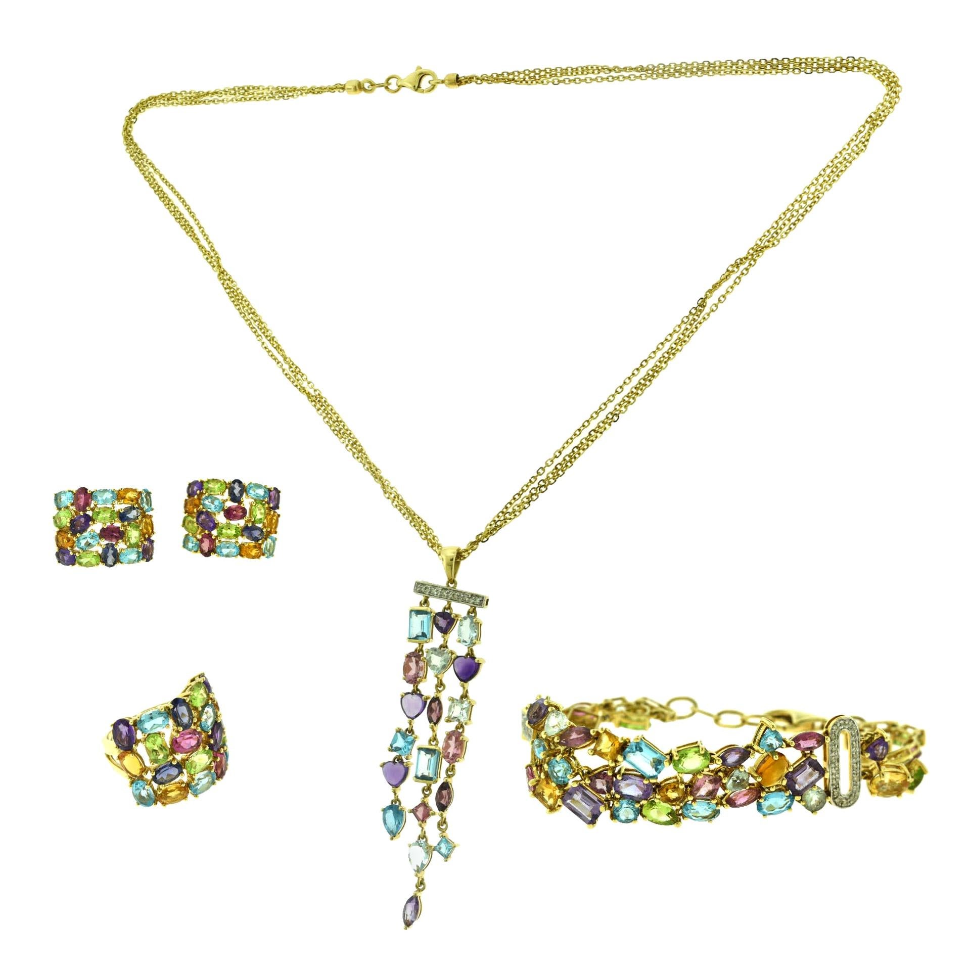 Vierteiliges Set mit mehrfarbigen Edelsteinen, Halskette, Armband, Ring