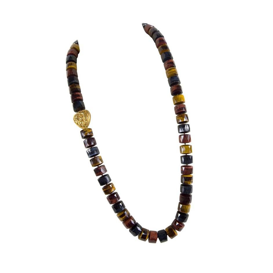 Oval Cut Beautiful Multi Color Tiger Eye and Gold Beads Runway Necklace Estate Find