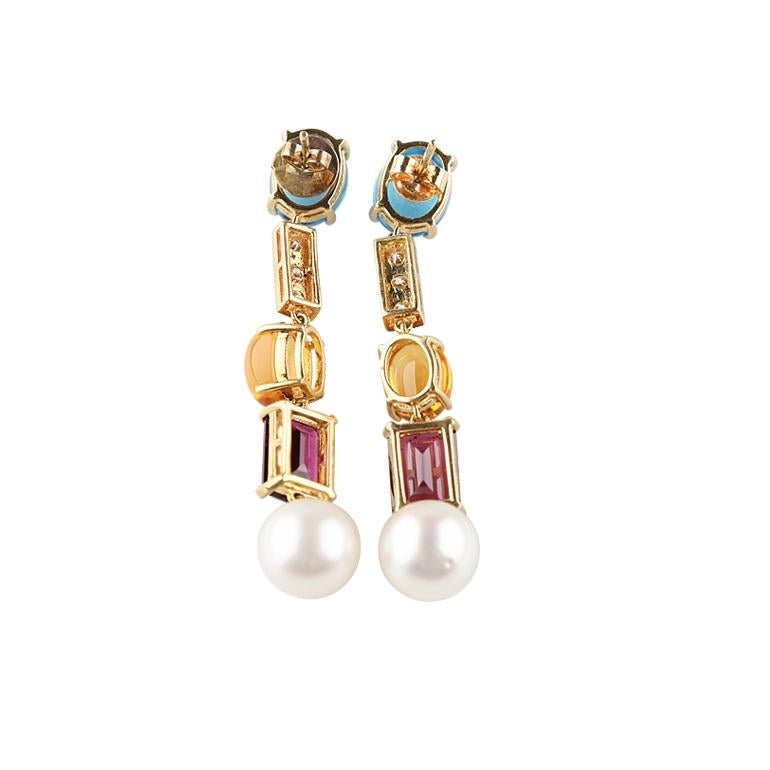 Schöne mehrfarbige Edelstein-, Diamant- und Perlen-Tropfen-Ohrringe aus Gelbgold (Rundschliff) im Angebot