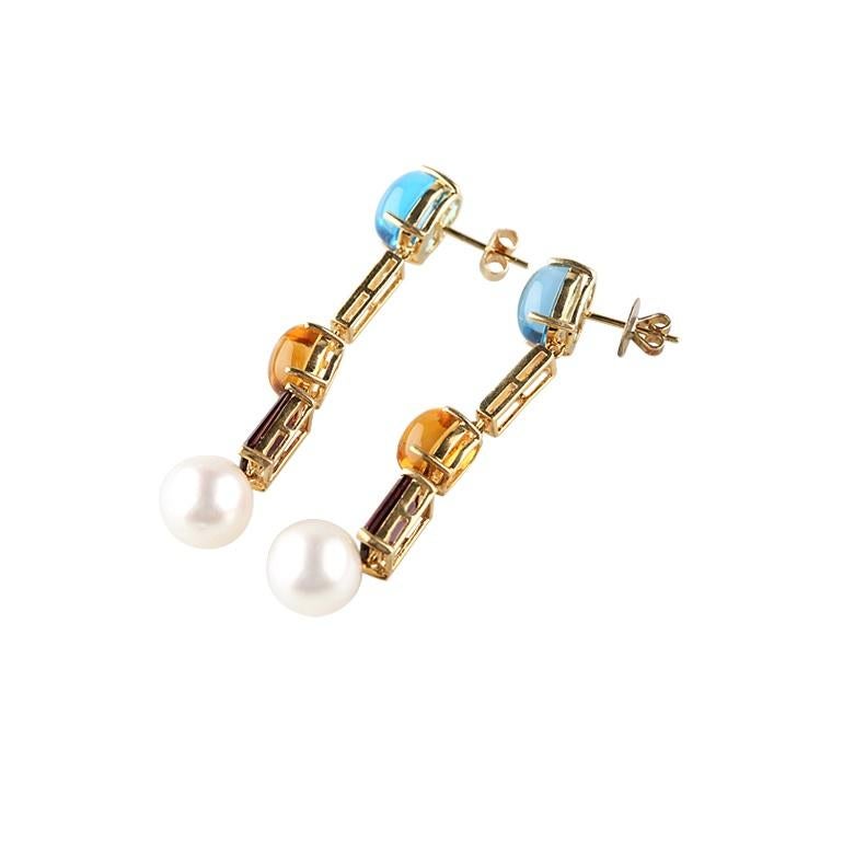Modern Beautiful Multicolored Gemstone, Diamond, and Pearl Drop Earrings in Yellow Gold For Sale