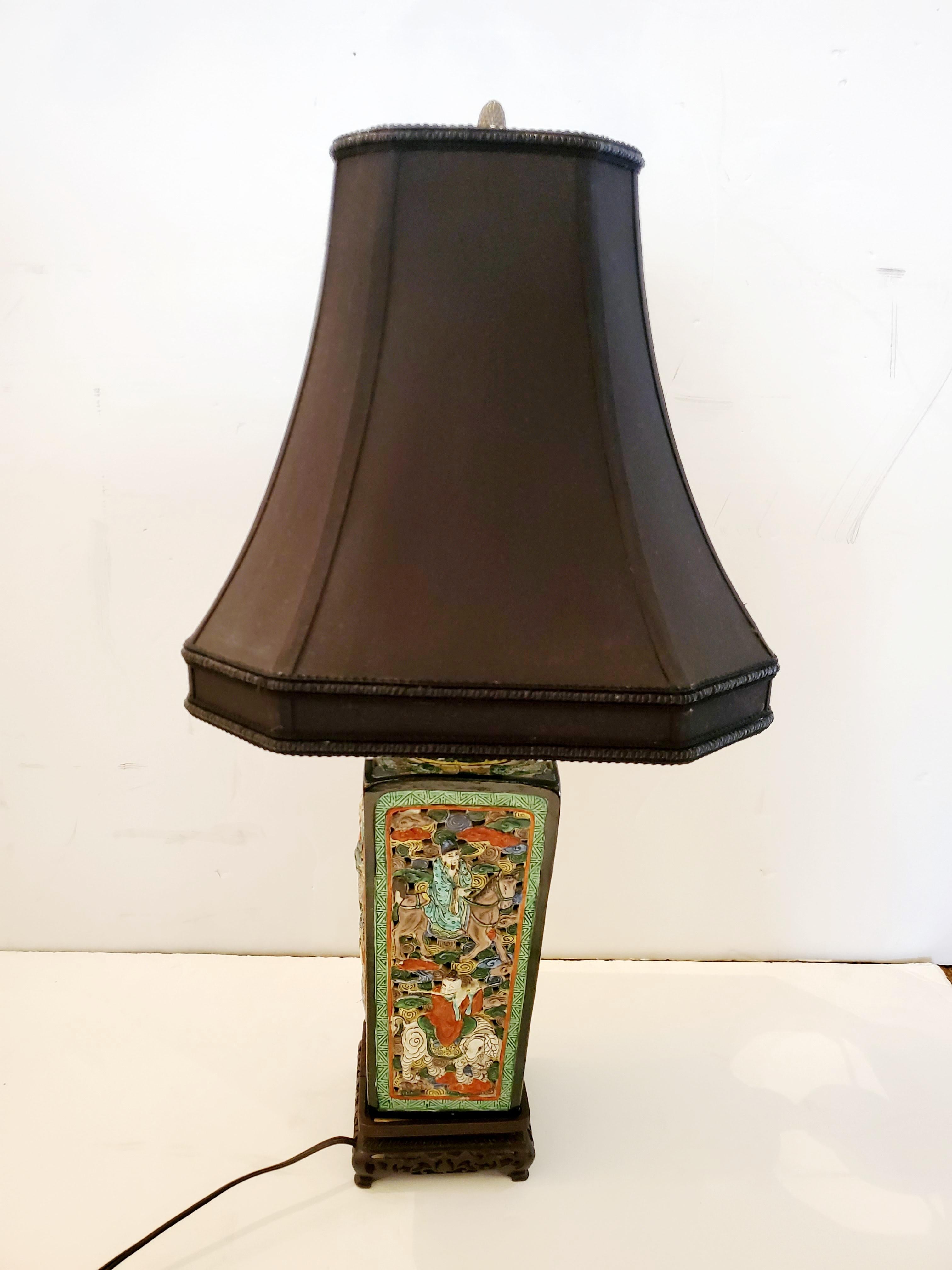 Mid-20th Century Beautiful Multi Colored Meticulously Detailed Figural Asian Table Lamp