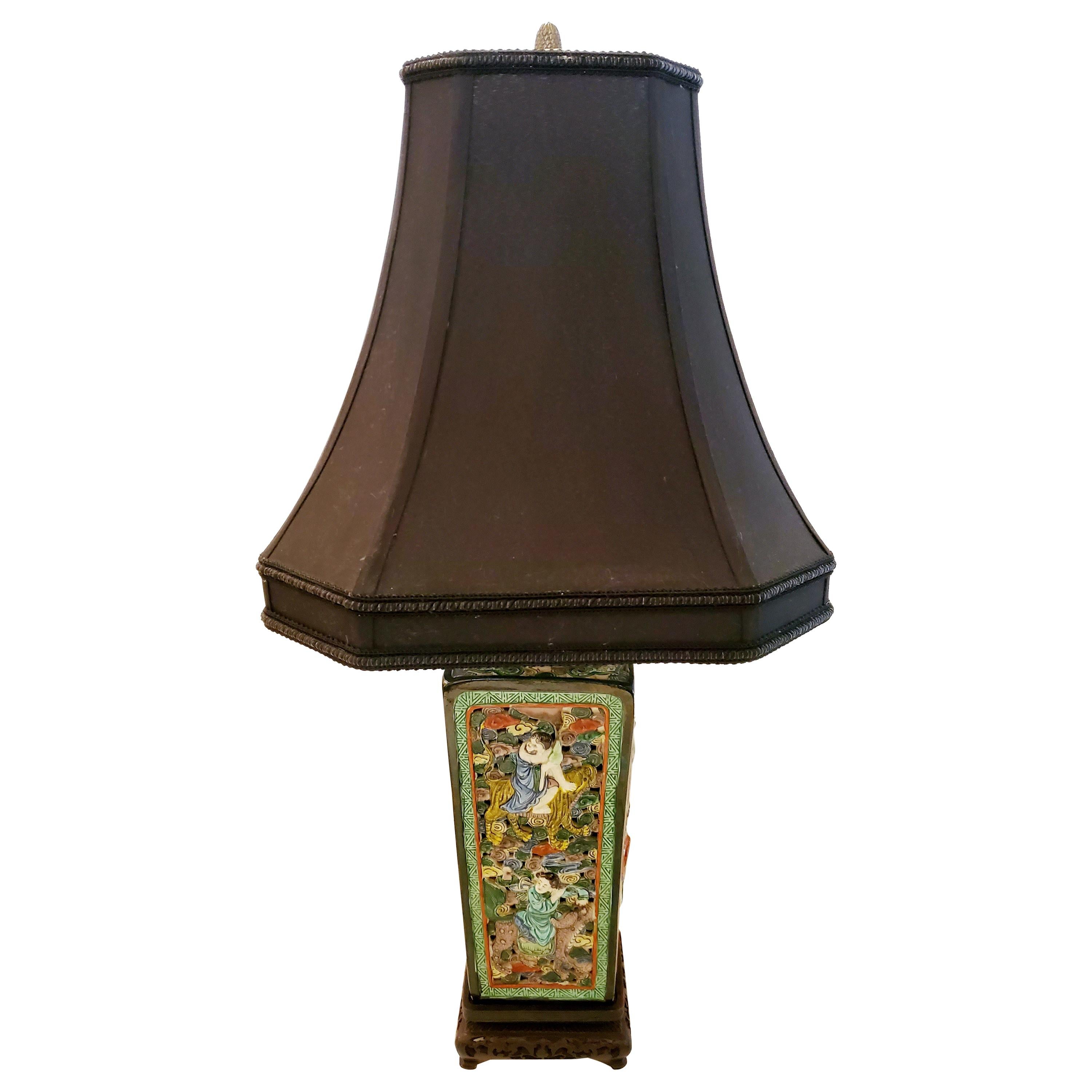 Beautiful Multi Colored Meticulously Detailed Figural Asian Table Lamp